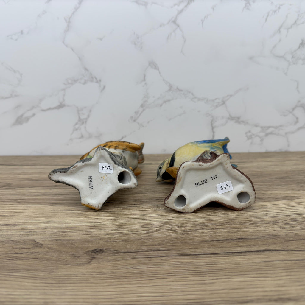 Vintage Hand-Painted Porcelain Bird Figurines, Wren and Blue Tit