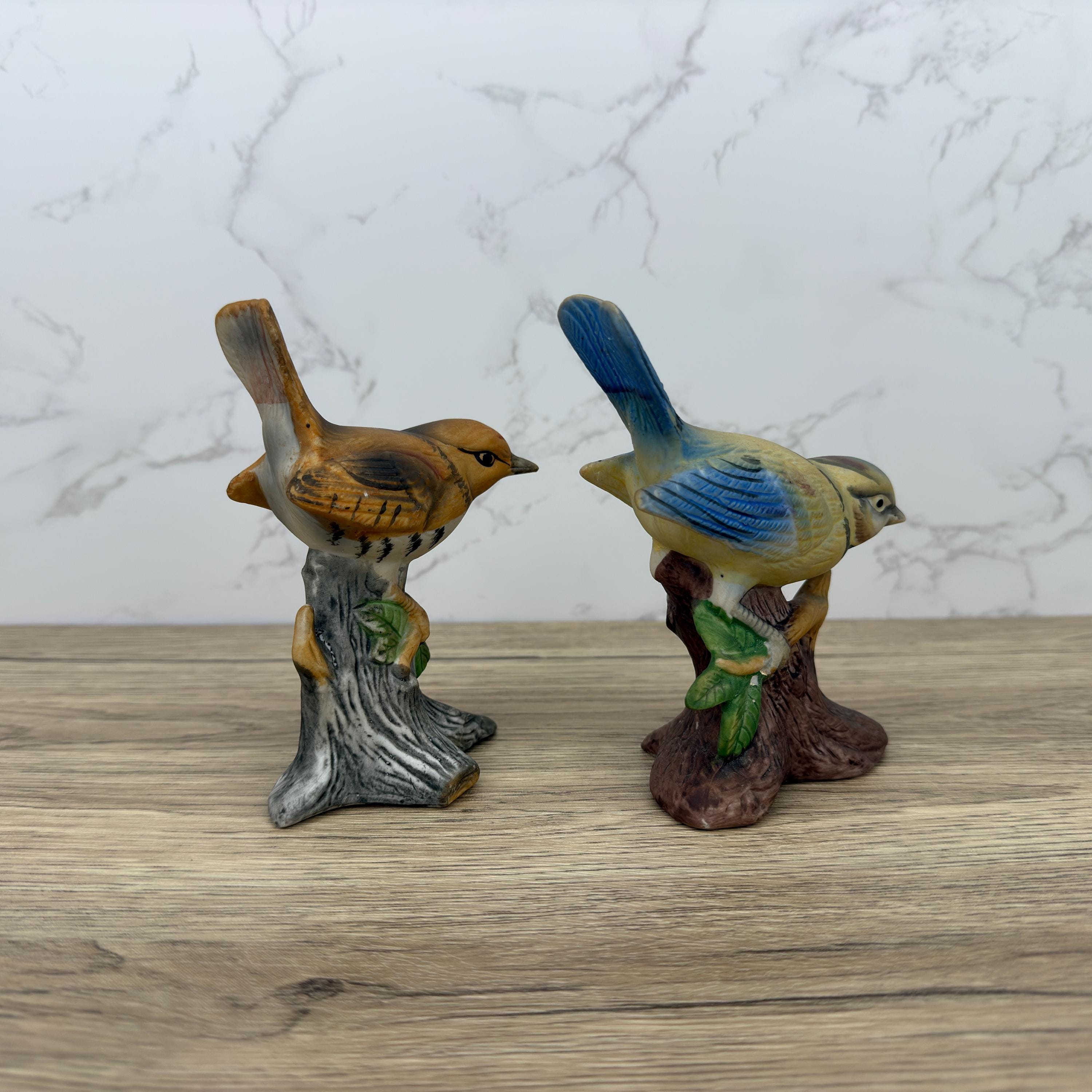 Vintage Hand-Painted Porcelain Bird Figurines, Wren and Blue Tit