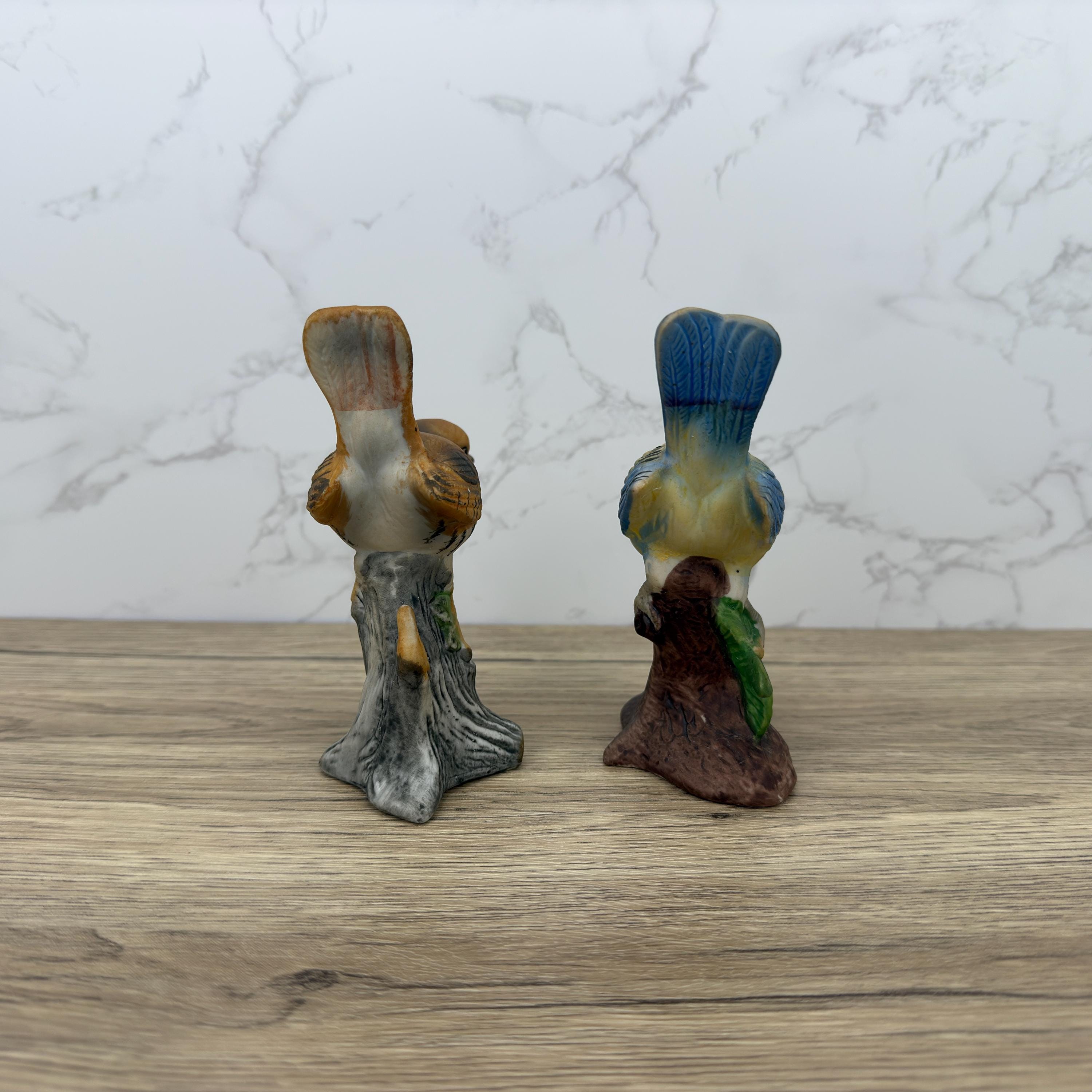 Vintage Hand-Painted Porcelain Bird Figurines, Wren and Blue Tit