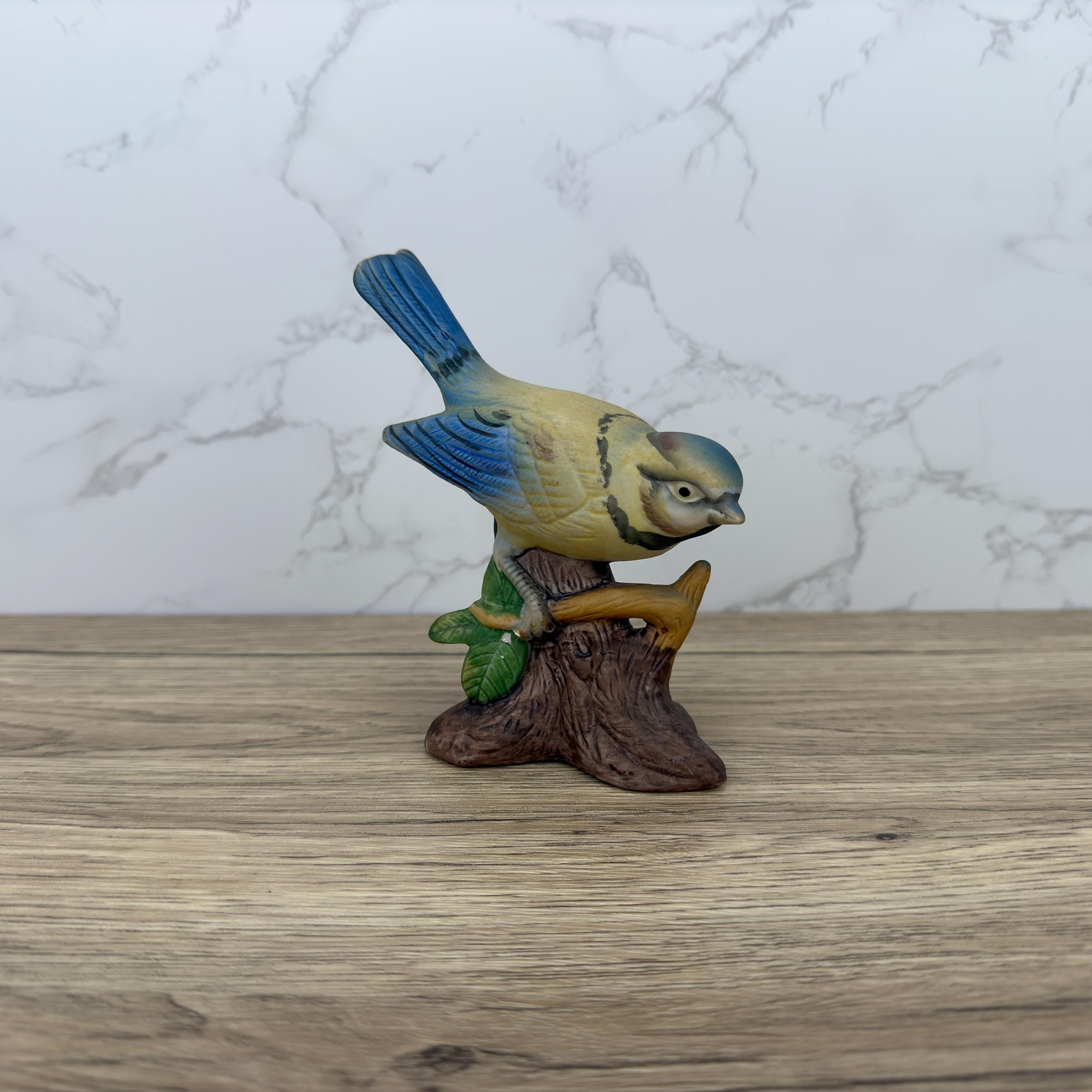 Vintage Hand-Painted Porcelain Bird Figurines, Wren and Blue Tit