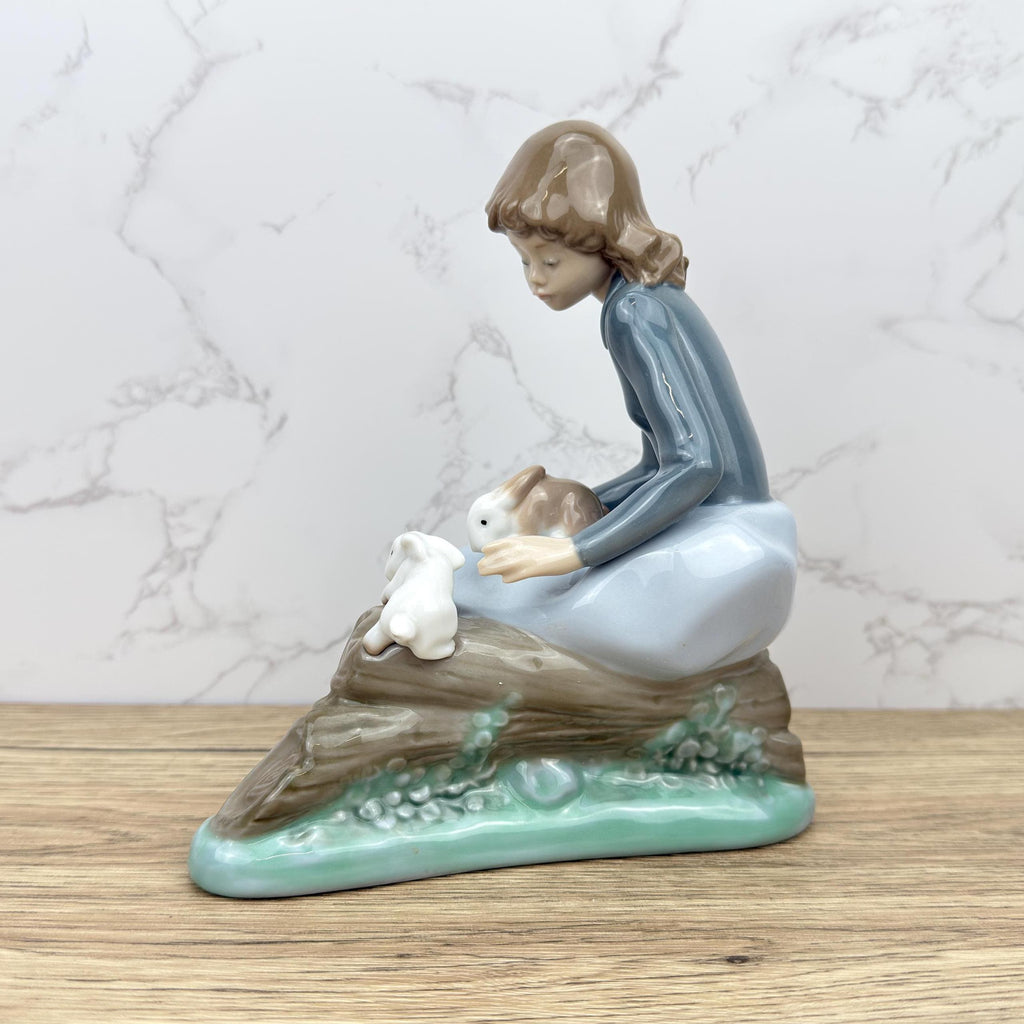 Vintage Rare Porcelain Lady with Rabbit Bunnies Figurine, Farm Girl Figurine, Nao by Lladro Ceramic Collectible Decorative Display Ornaments