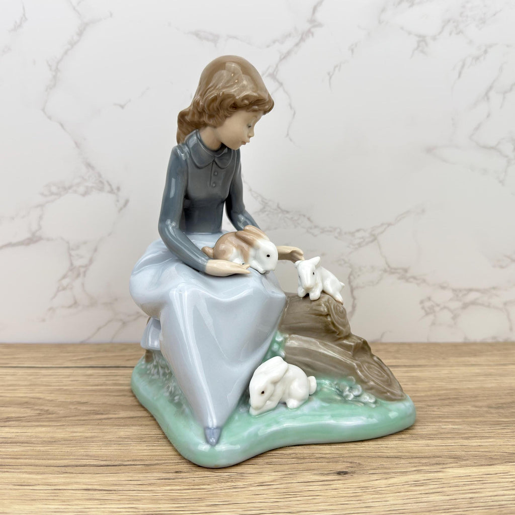 Vintage Rare Porcelain Lady with Rabbit Bunnies Figurine, Farm Girl Figurine, Nao by Lladro Ceramic Collectible Decorative Display Ornaments