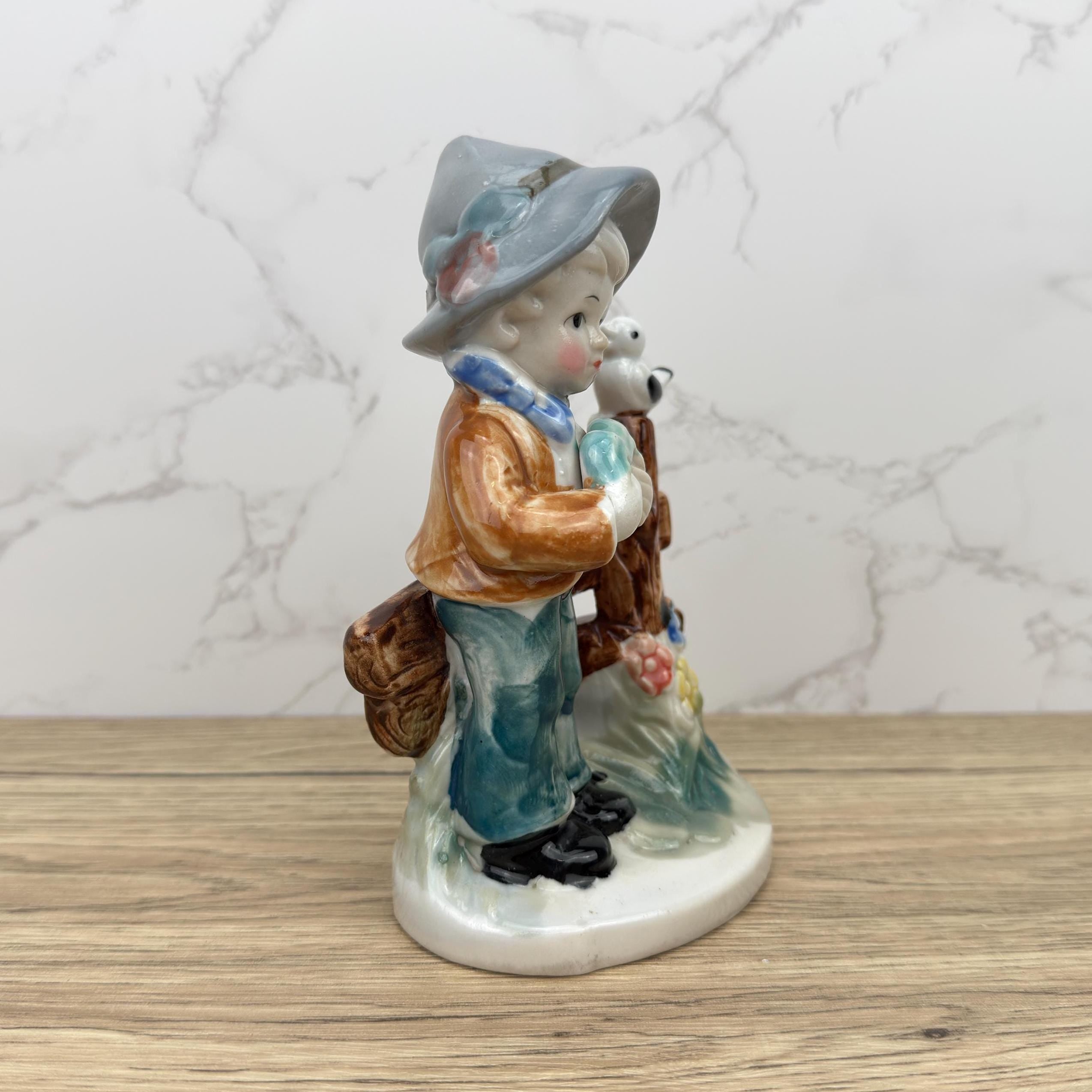 Vintage Porcelain Boy Figurine, Collectible School Kid with Bird