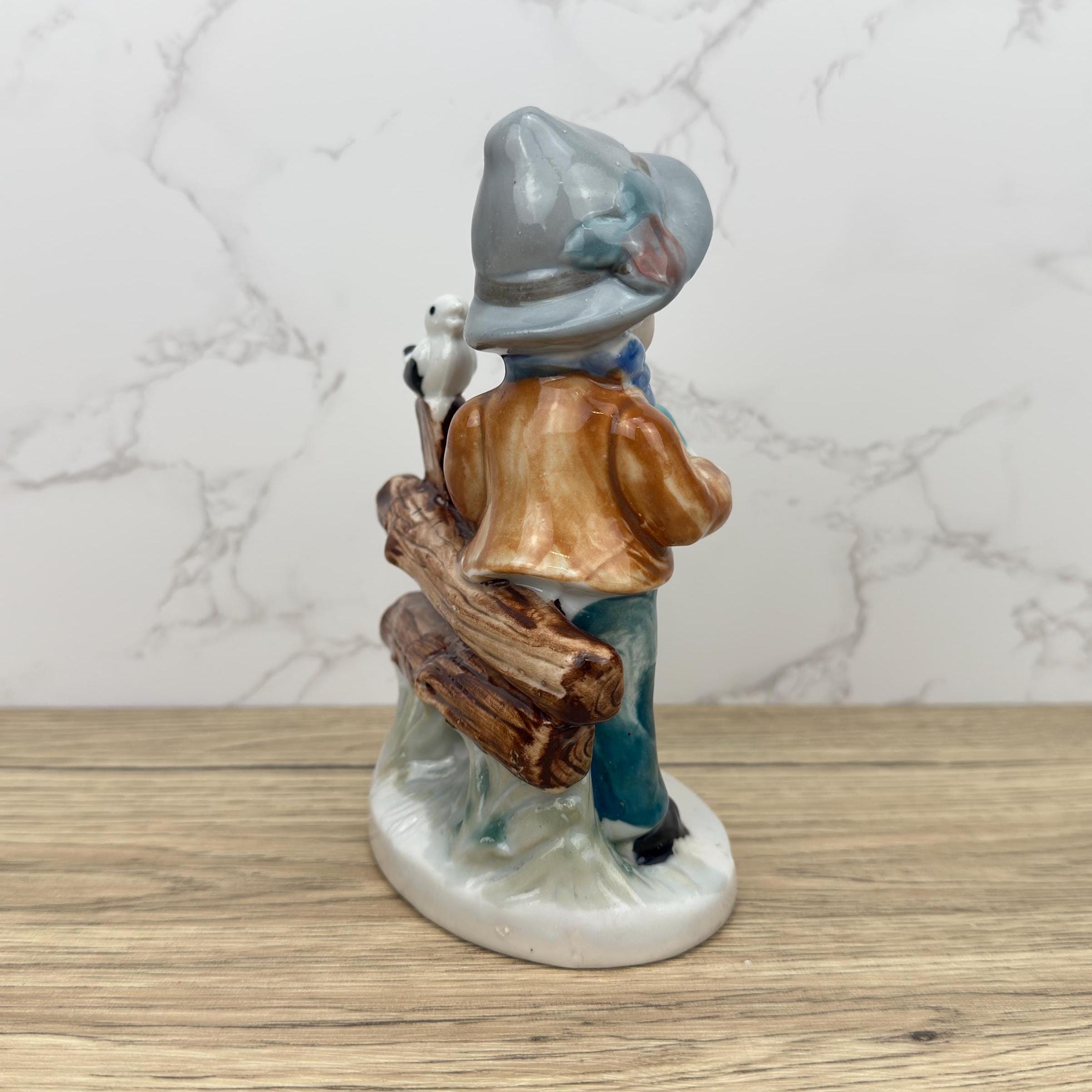 Vintage Porcelain Boy Figurine, Collectible School Kid with Bird
