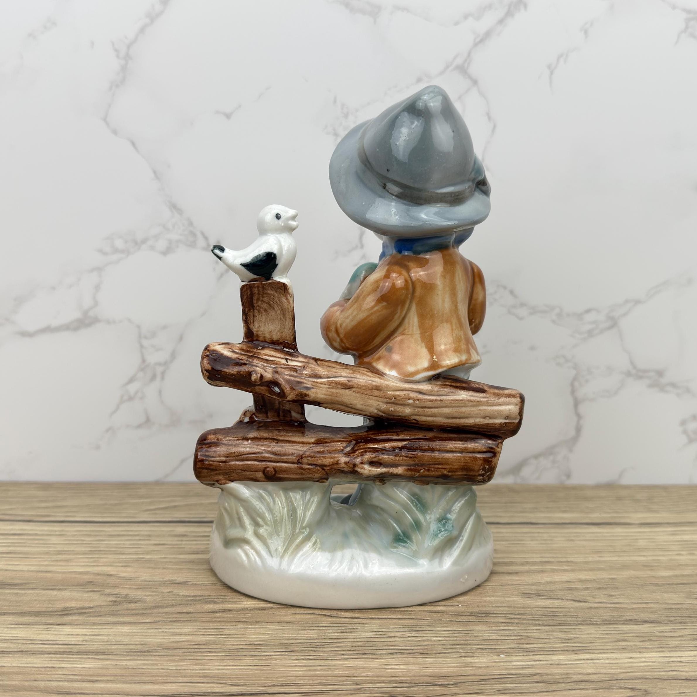 Vintage Porcelain Boy Figurine, Collectible School Kid with Bird