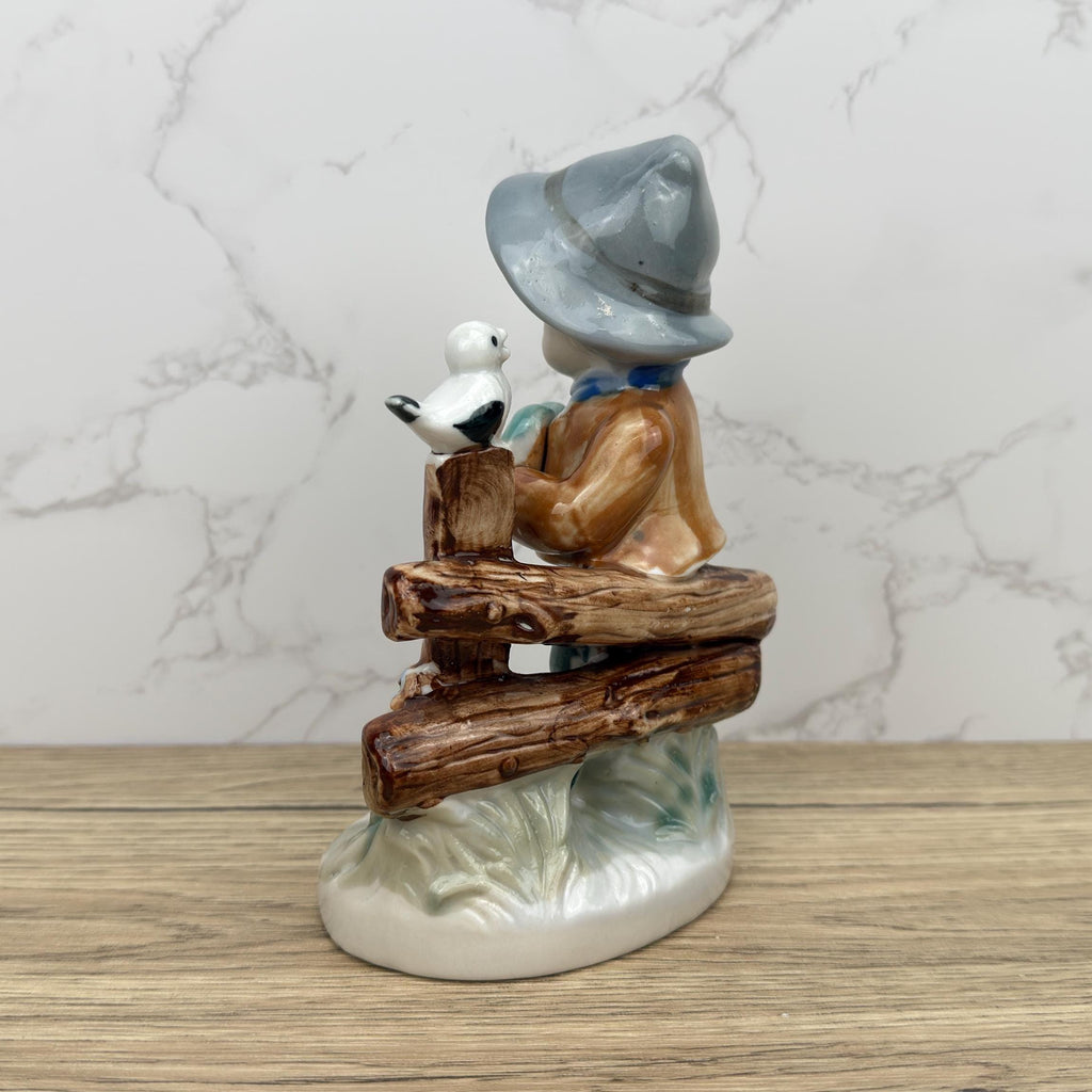 Vintage Porcelain Boy Figurine, Collectible School Kid with Bird
