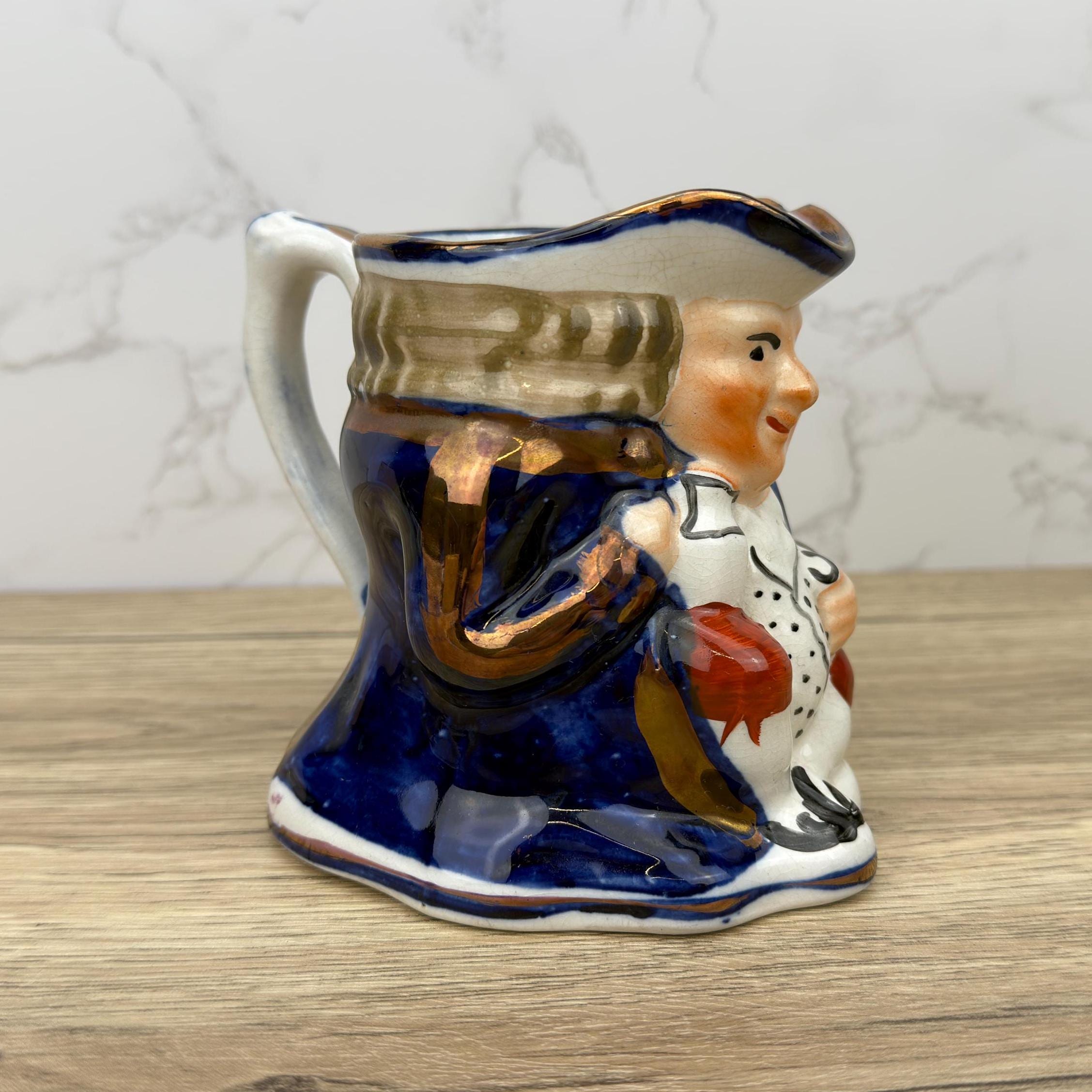 Antique Allerton's Toby Jug, Staffordshire Seated Man Mug, Cobalt Blue & Gold