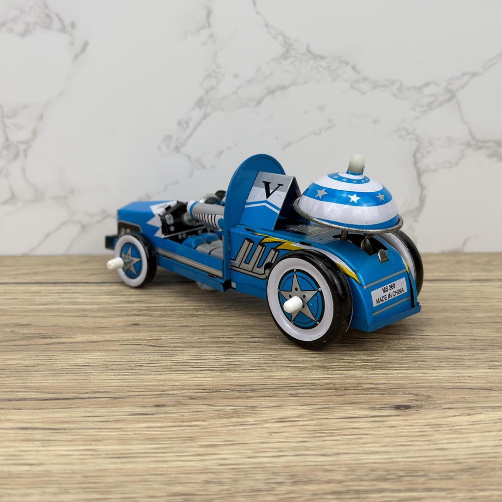 Vintage Tin Space Race Car, Lithographed Clockwork Toy (Key Missing)