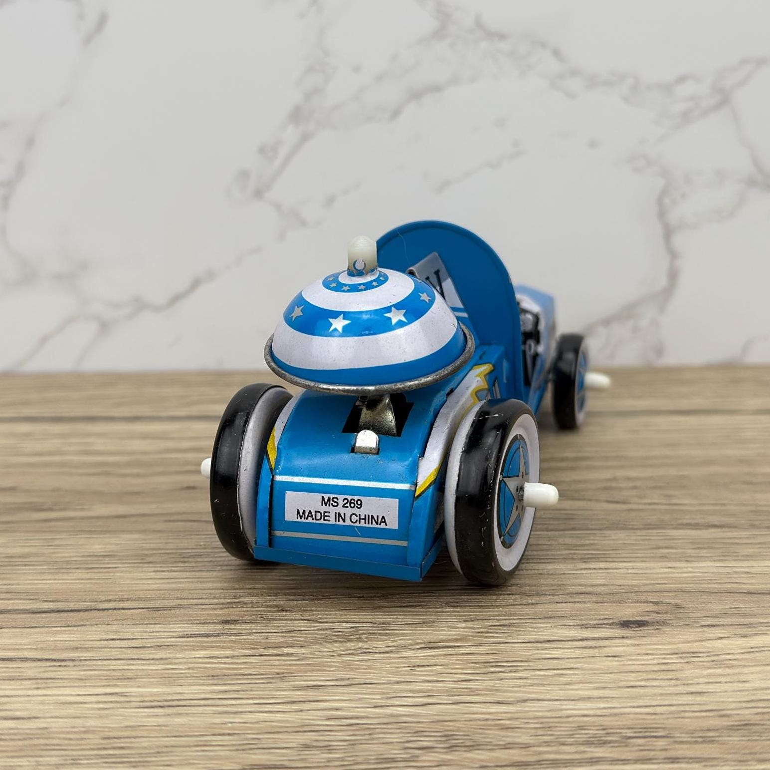 Vintage Tin Space Race Car, Lithographed Clockwork Toy (Key Missing)