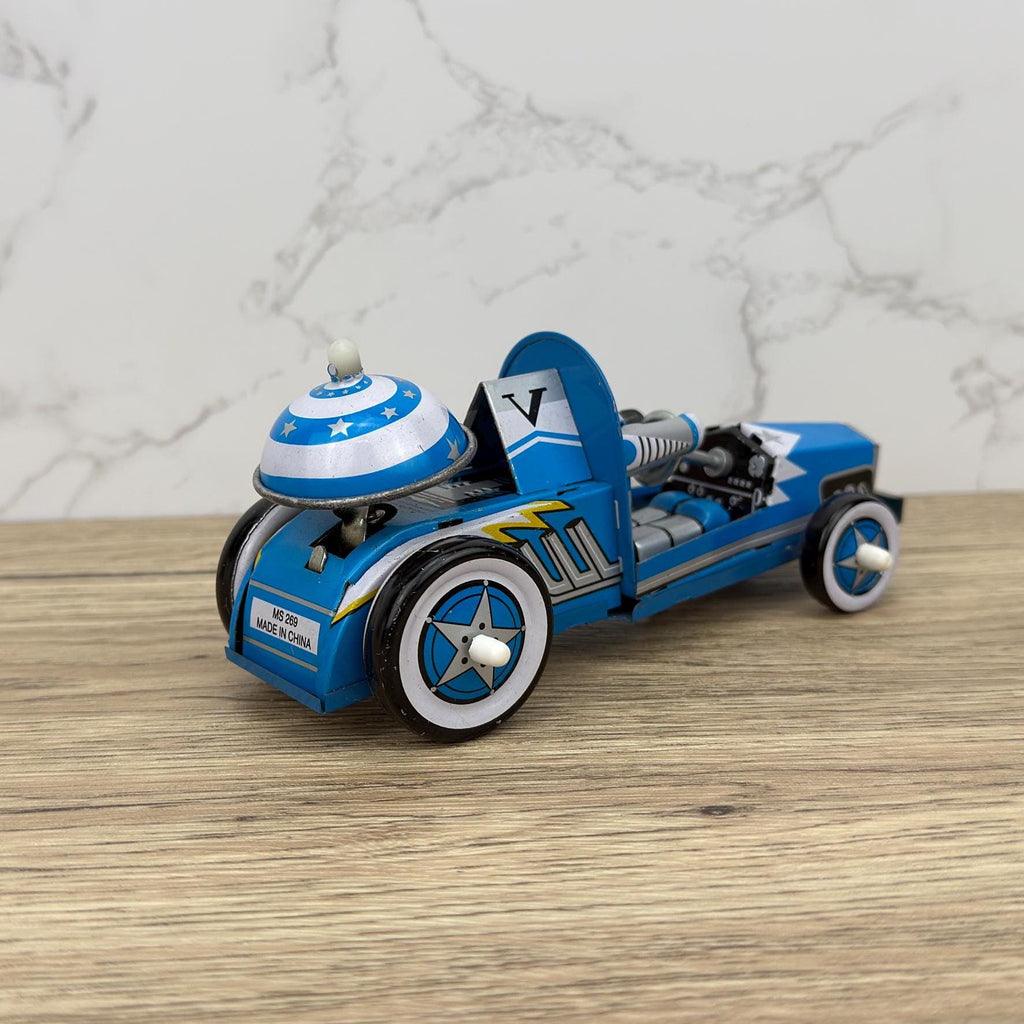 Vintage Tin Space Race Car, Lithographed Clockwork Toy (Key Missing)