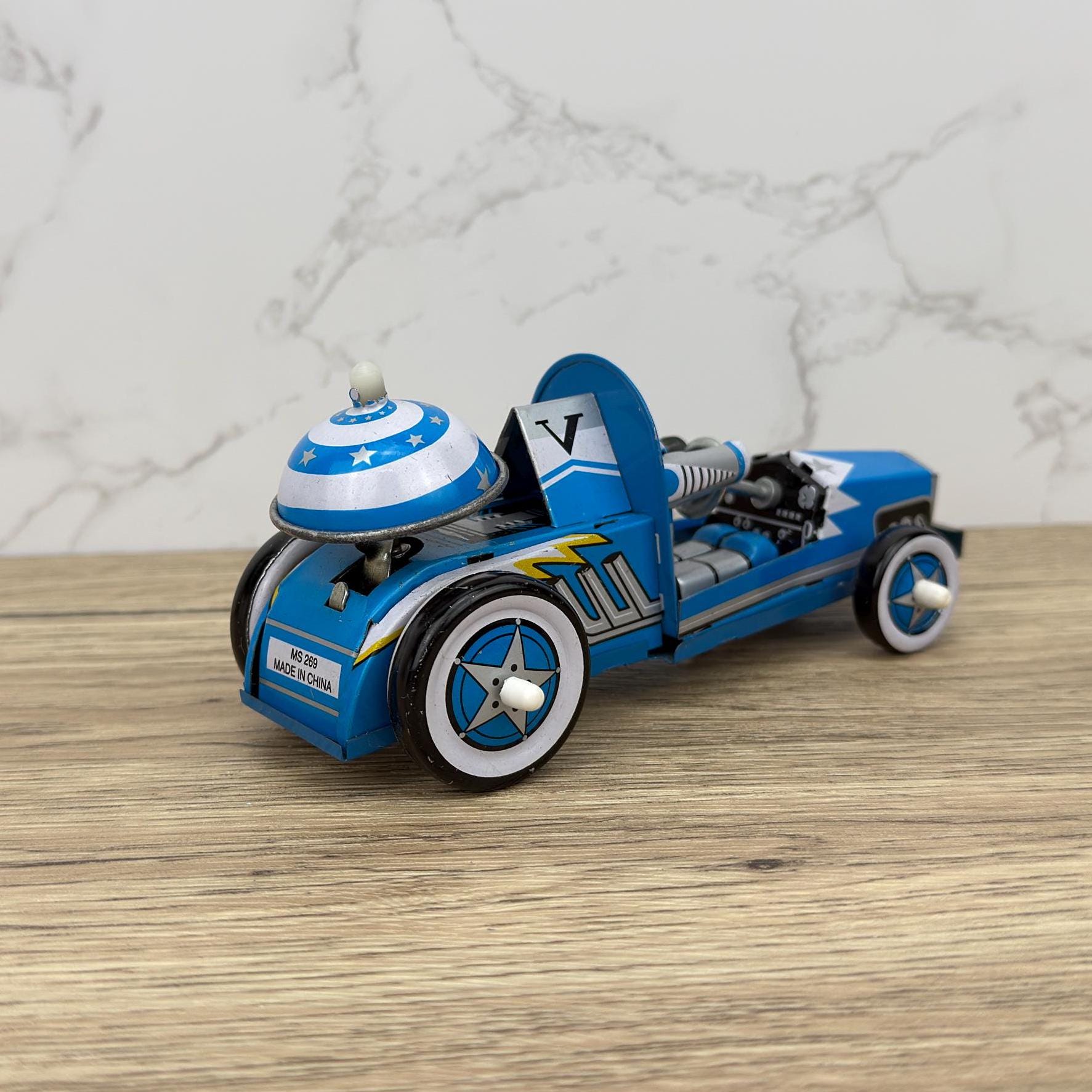 Vintage Tin Space Race Car, Lithographed Clockwork Toy (Key Missing)