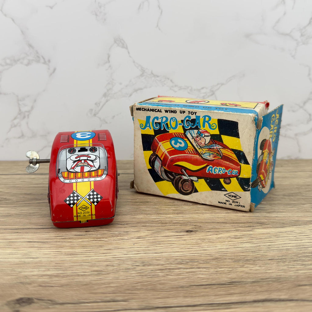 Vintage Yone Acro Car Tin Toy, 1960s Japanese Wind-Up, Original Box