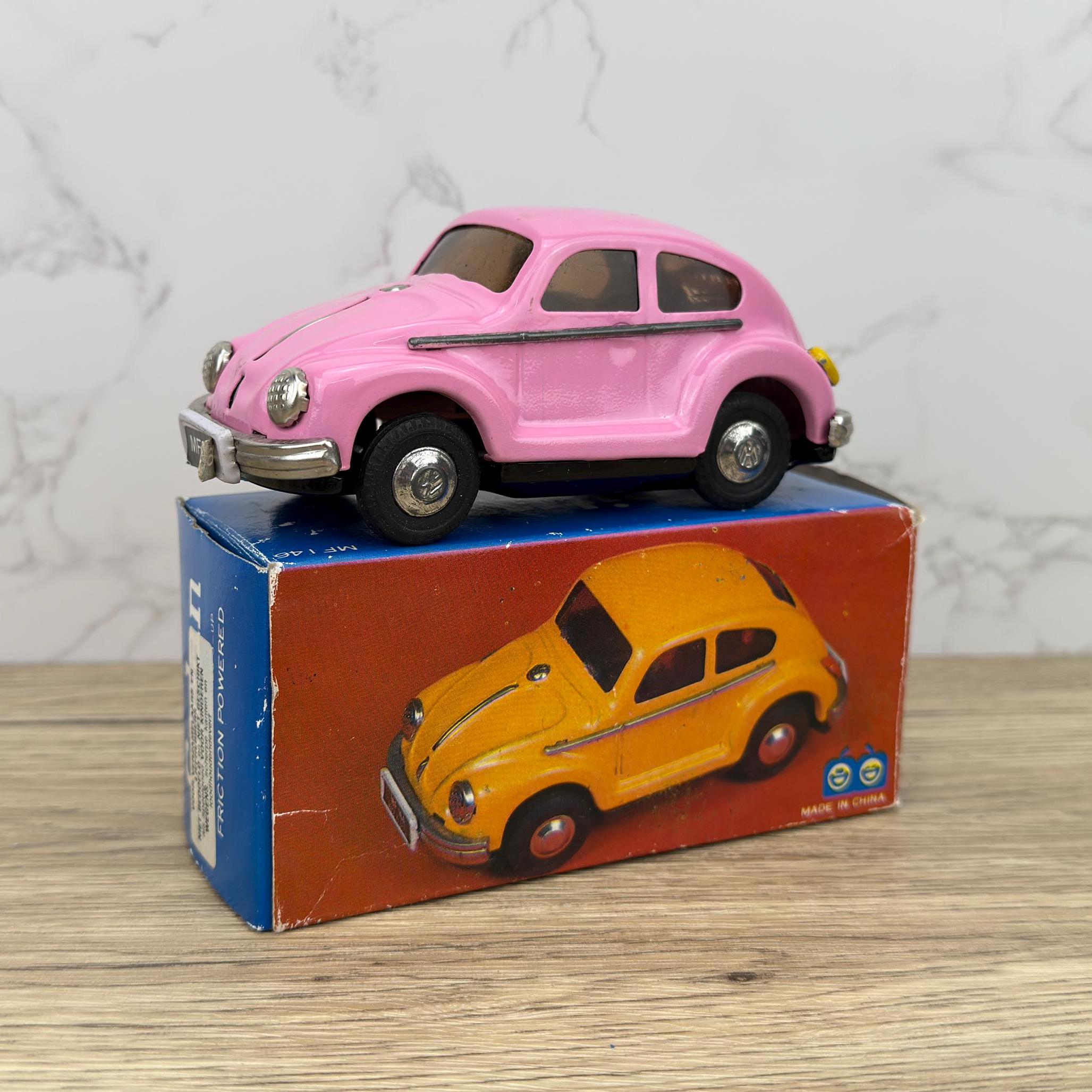 Vintage Yellow VW Beetle Friction Tin Toy Car with Box