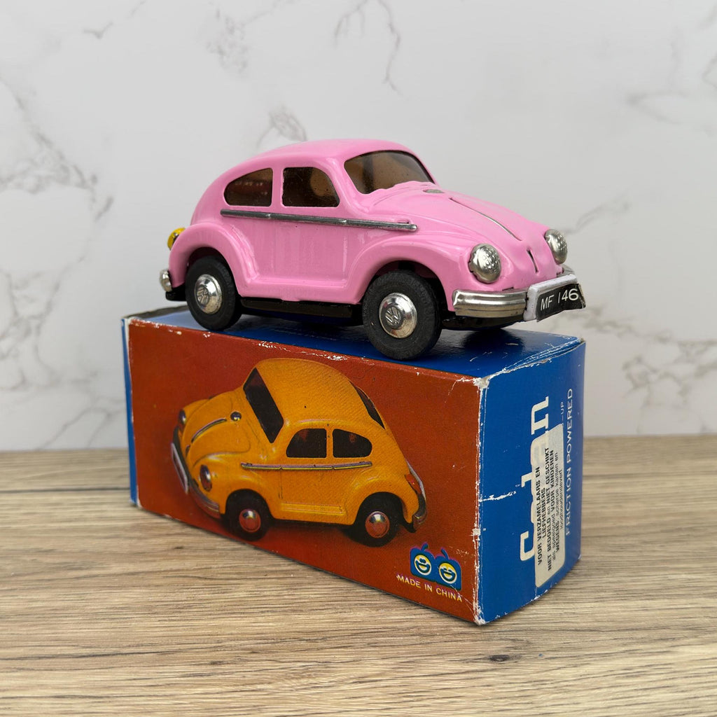 Vintage Yellow VW Beetle Friction Tin Toy Car with Box