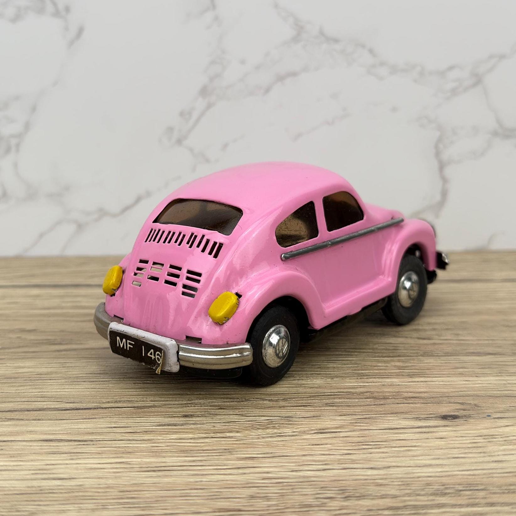 Vintage Yellow VW Beetle Friction Tin Toy Car with Box