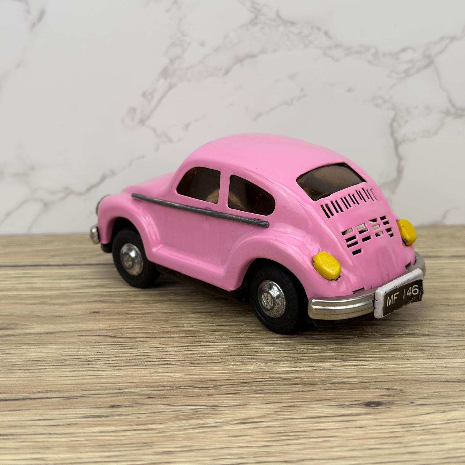 Vintage Yellow VW Beetle Friction Tin Toy Car with Box