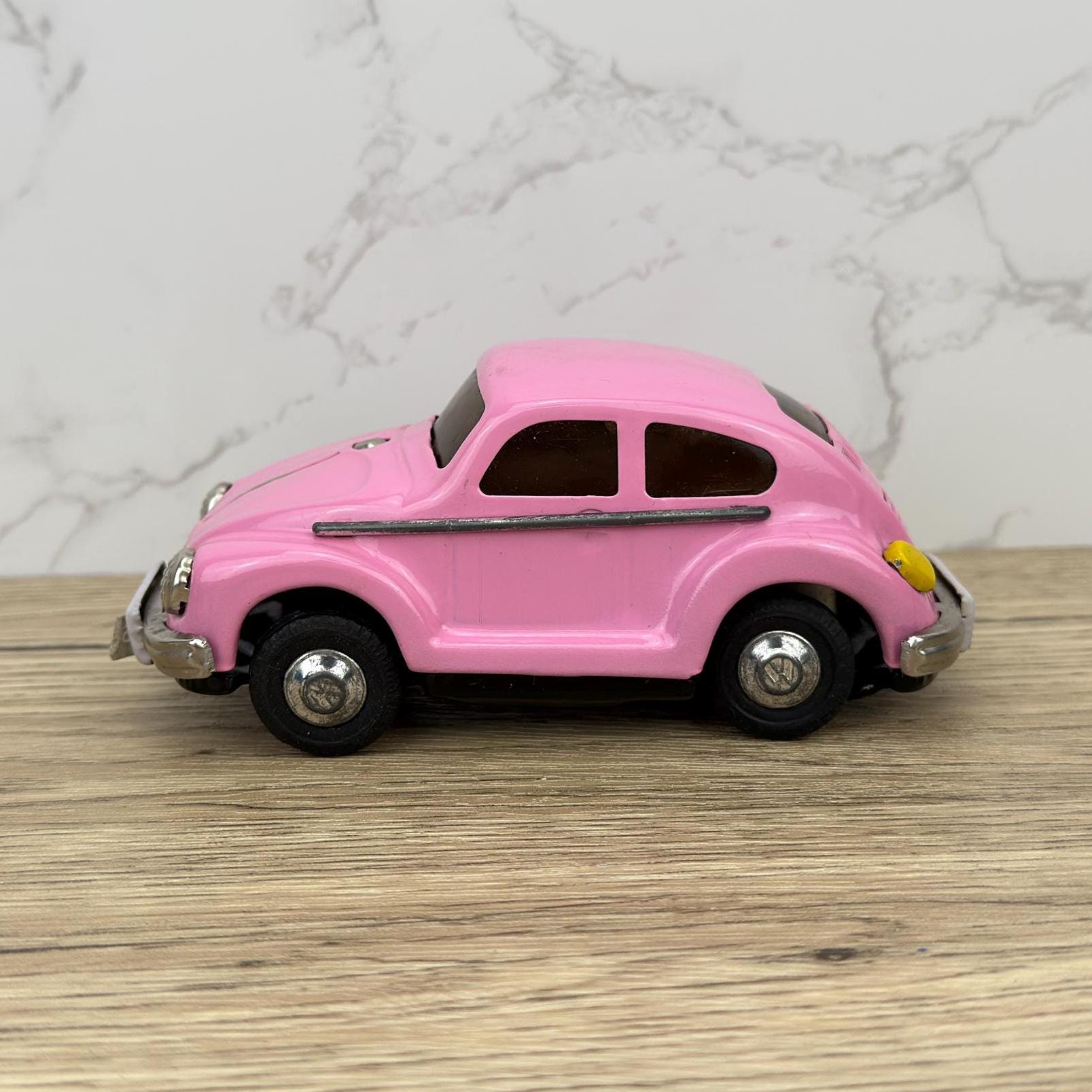 Vintage Yellow VW Beetle Friction Tin Toy Car with Box