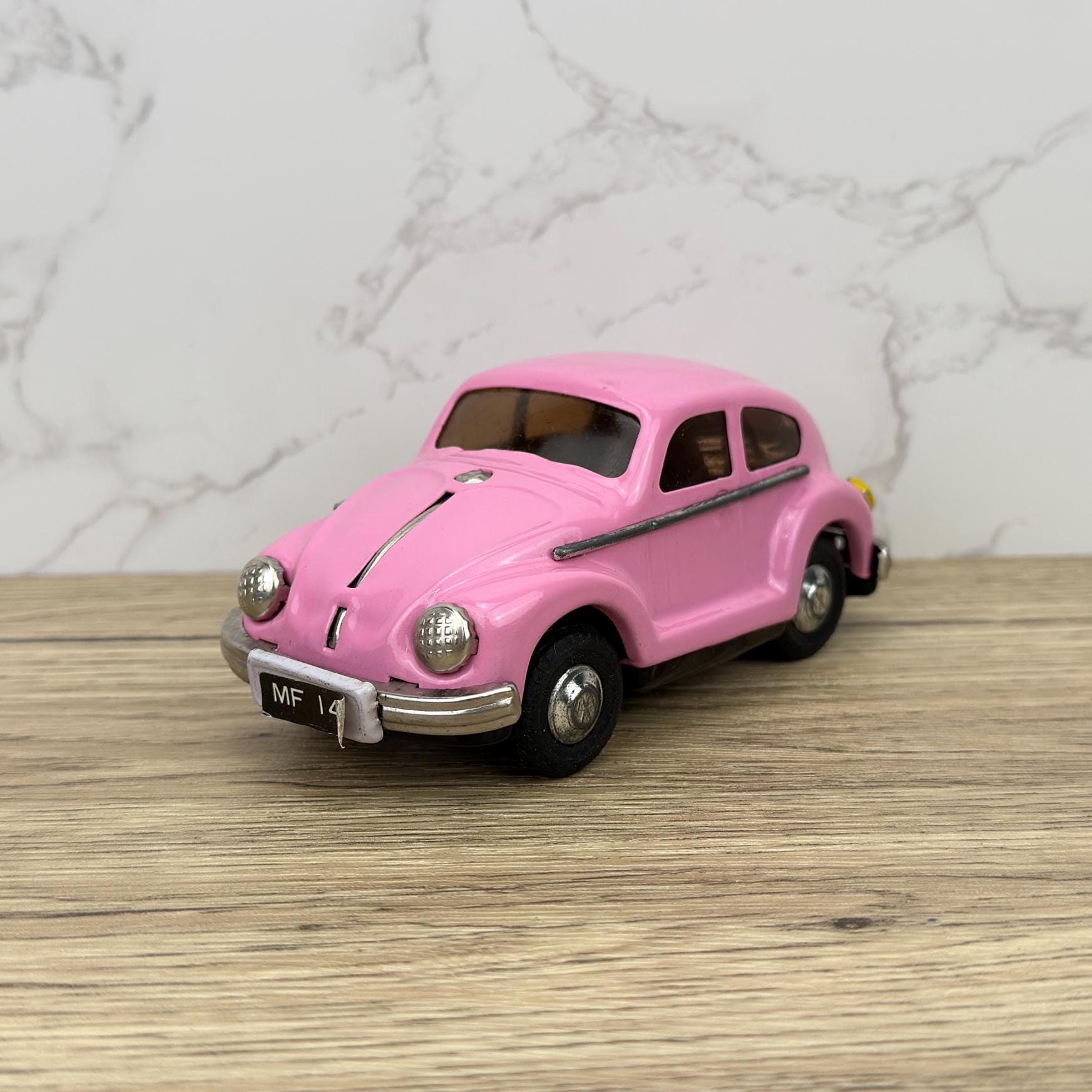 Vintage Yellow VW Beetle Friction Tin Toy Car with Box