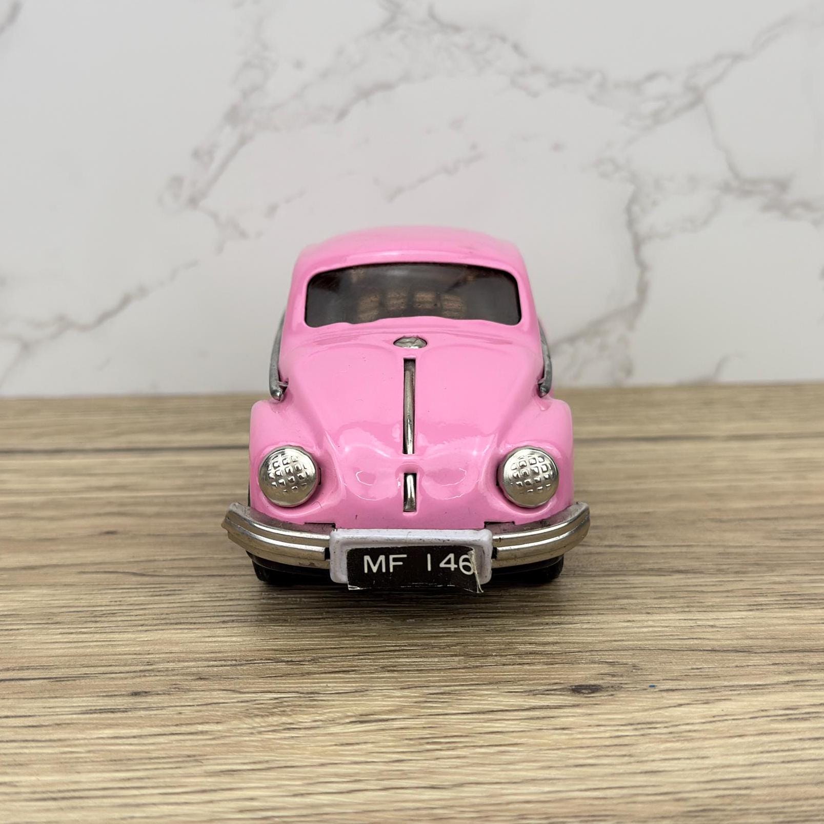 Vintage Yellow VW Beetle Friction Tin Toy Car with Box