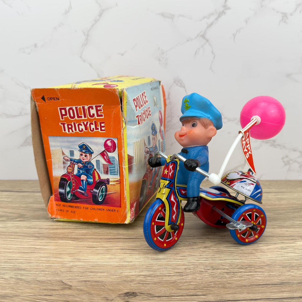Vintage Tin Lithograph Police Tricycle Wind-Up Toy, Collectible MTU, Korea, Original Box