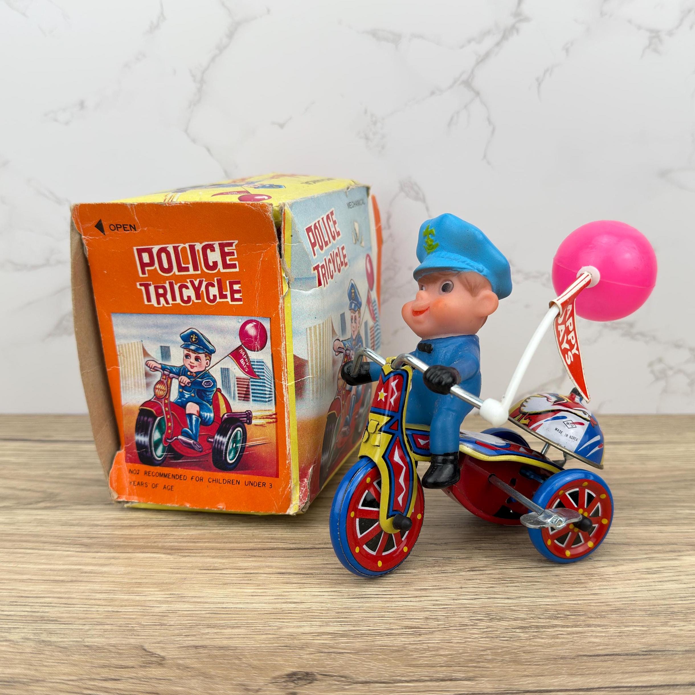 Vintage Tin Lithograph Police Tricycle Wind-Up Toy, Collectible MTU, Korea, Original Box