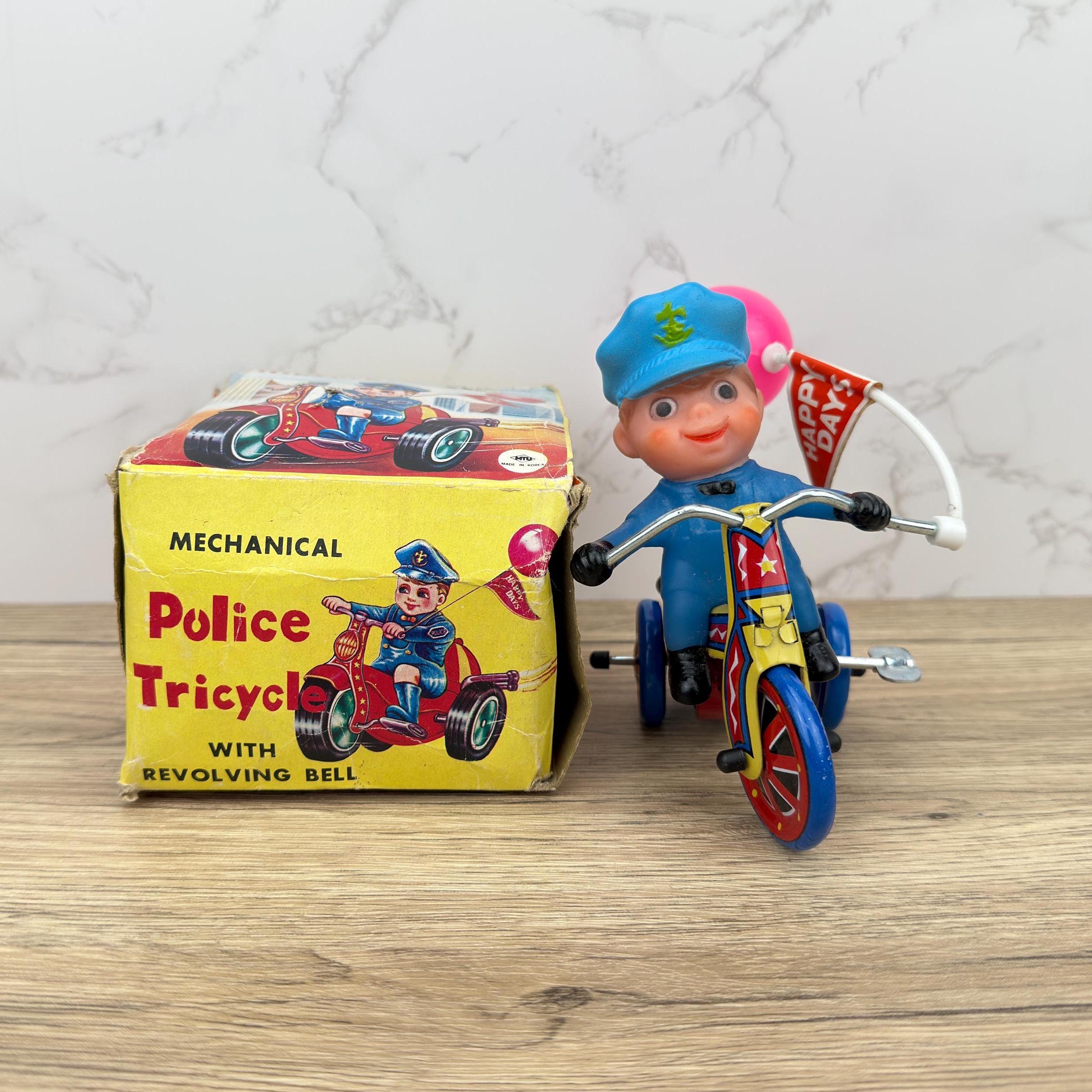 Vintage Tin Lithograph Police Tricycle Wind-Up Toy, Collectible MTU, Korea, Original Box