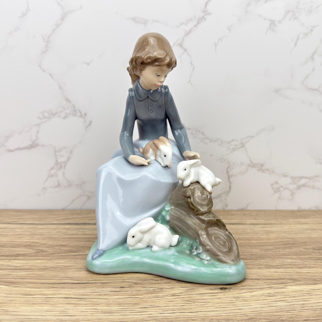 Vintage Rare Porcelain Lady with Rabbit Bunnies Figurine, Farm Girl Figurine, Nao by Lladro Ceramic Collectible Decorative Display Ornaments