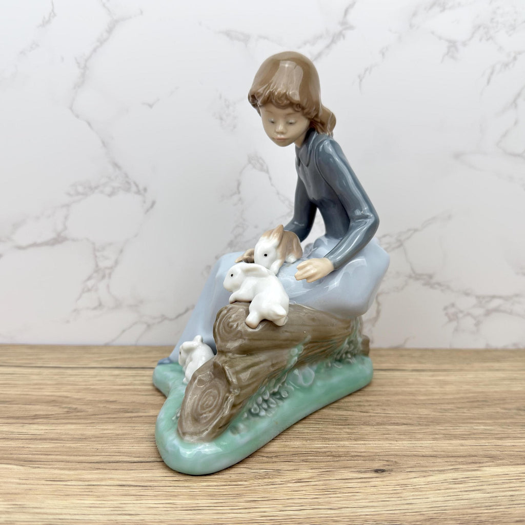 Vintage Rare Porcelain Lady with Rabbit Bunnies Figurine, Farm Girl Figurine, Nao by Lladro Ceramic Collectible Decorative Display Ornaments