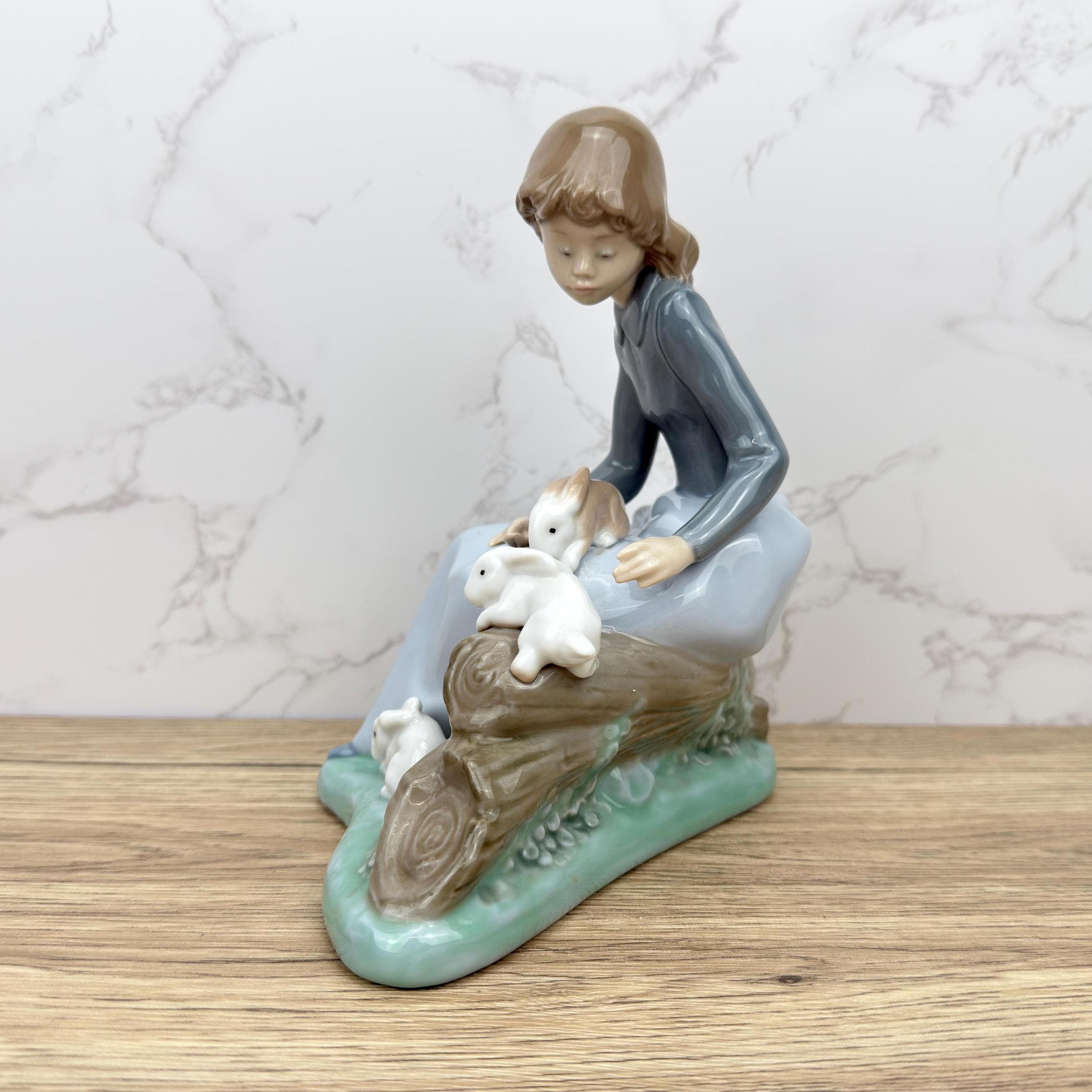 Vintage Rare Porcelain Lady with Rabbit Bunnies Figurine, Farm Girl Figurine, Nao by Lladro Ceramic Collectible Decorative Display Ornaments