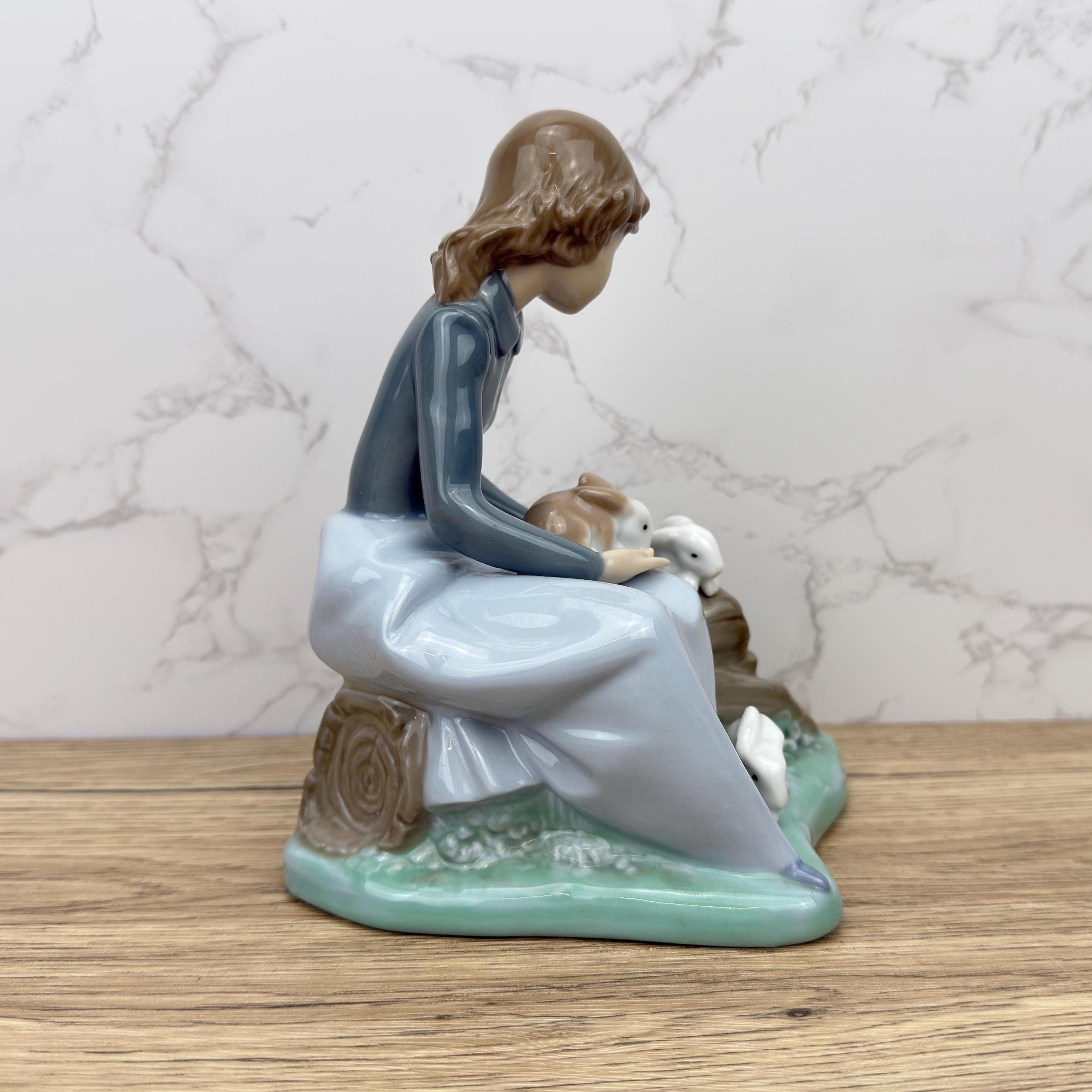 Vintage Rare Porcelain Lady with Rabbit Bunnies Figurine, Farm Girl Figurine, Nao by Lladro Ceramic Collectible Decorative Display Ornaments