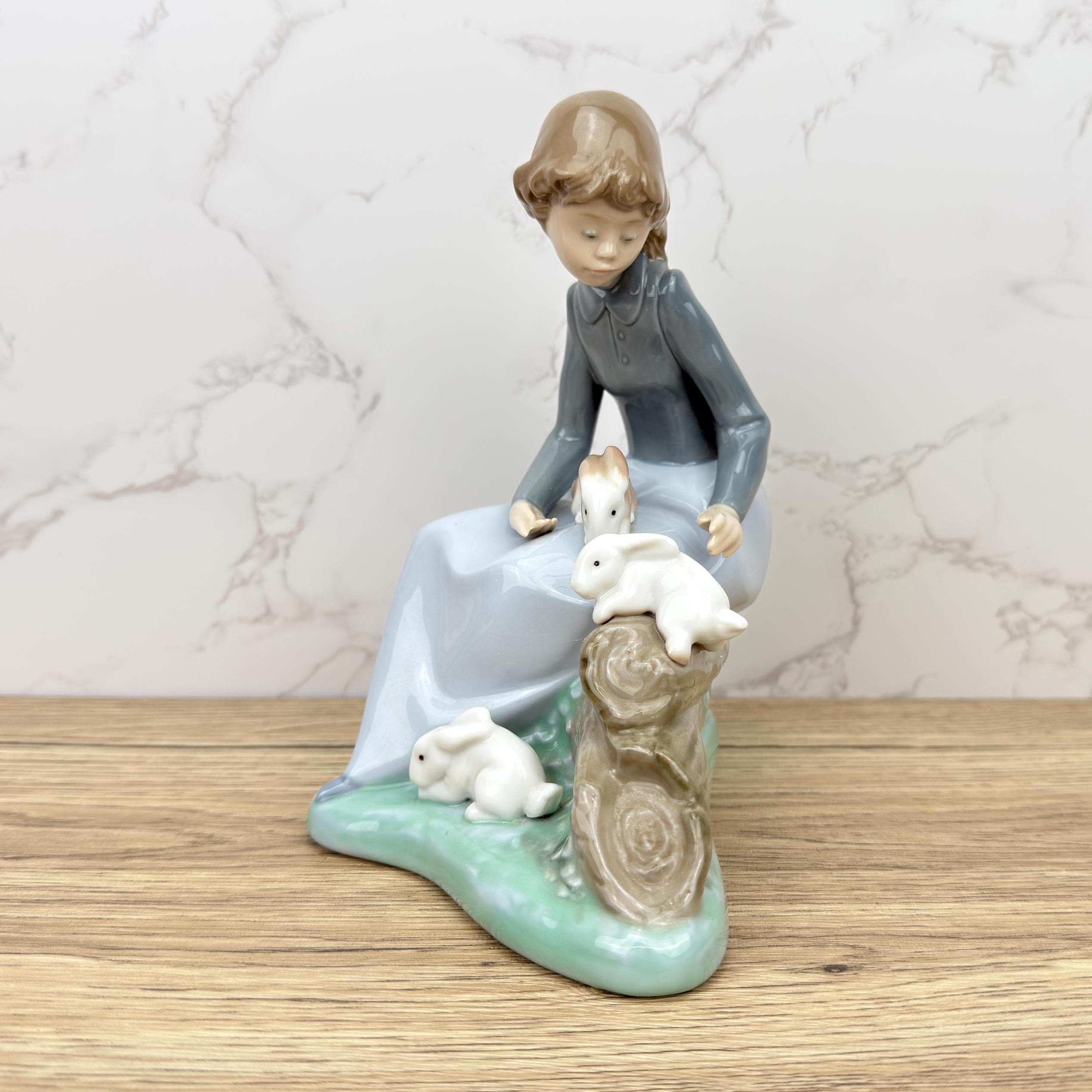 Vintage Rare Porcelain Lady with Rabbit Bunnies Figurine, Farm Girl Figurine, Nao by Lladro Ceramic Collectible Decorative Display Ornaments