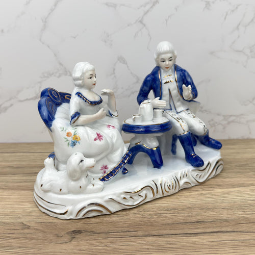 French Colonial Porcelain Figurine, Victorian Couple, Blue White Gold Detailing