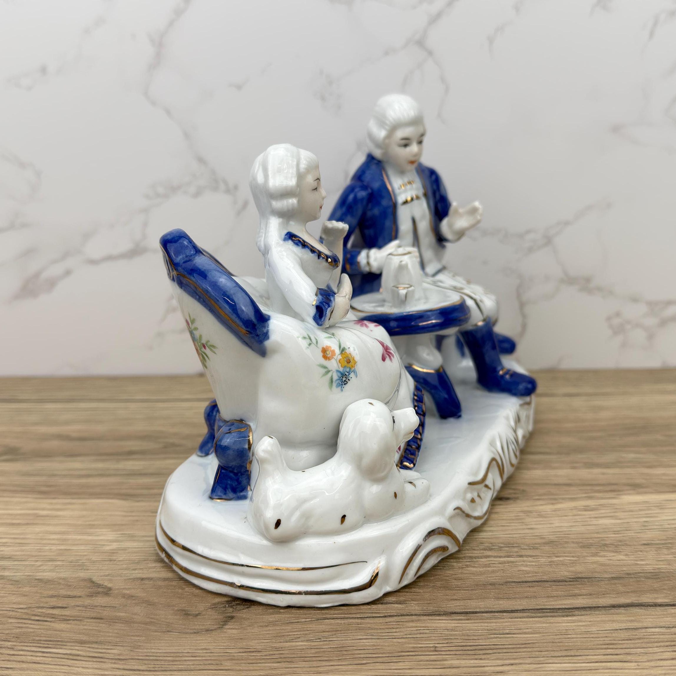 French Colonial Porcelain Figurine, Victorian Couple, Blue White Gold Detailing