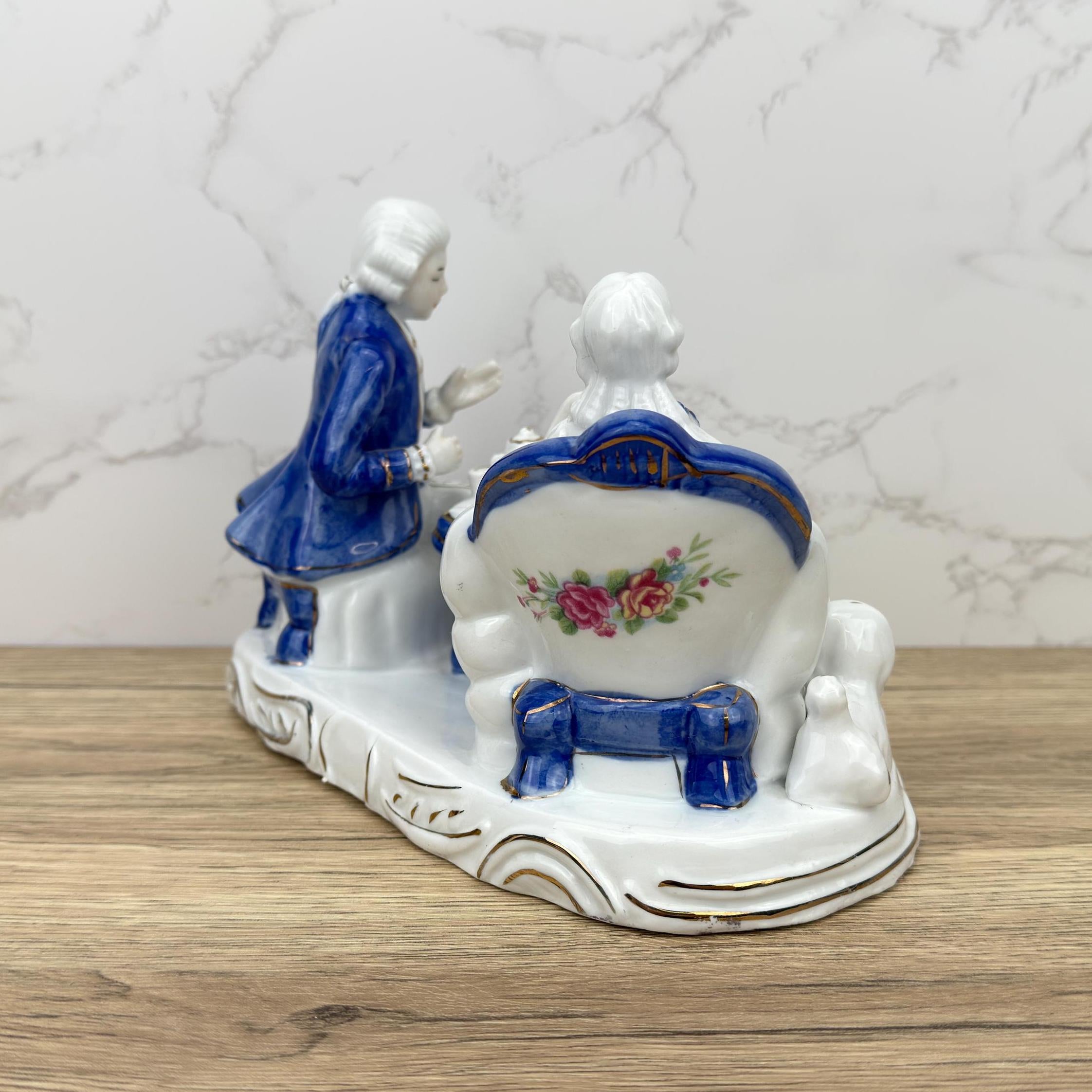 French Colonial Porcelain Figurine, Victorian Couple, Blue White Gold Detailing