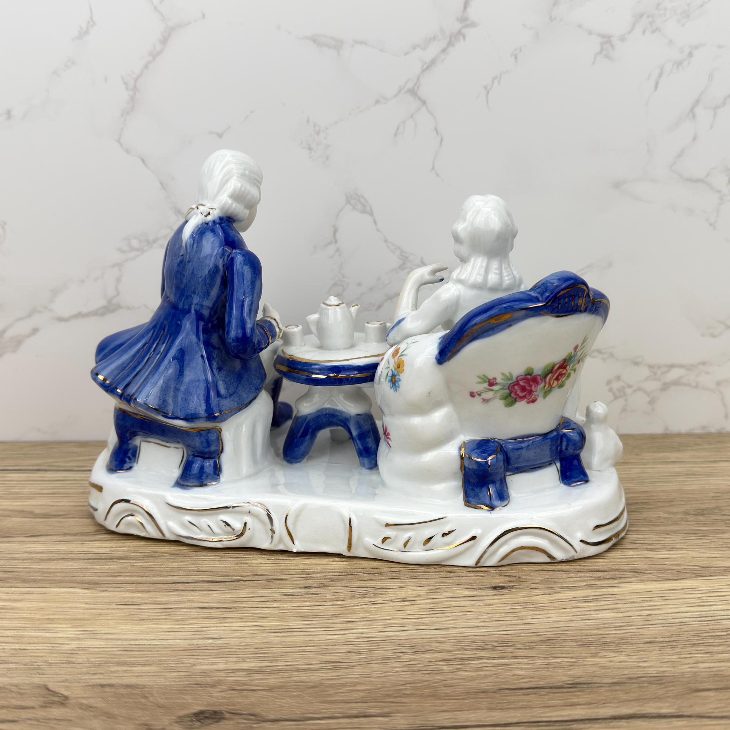 French Colonial Porcelain Figurine, Victorian Couple, Blue White Gold Detailing