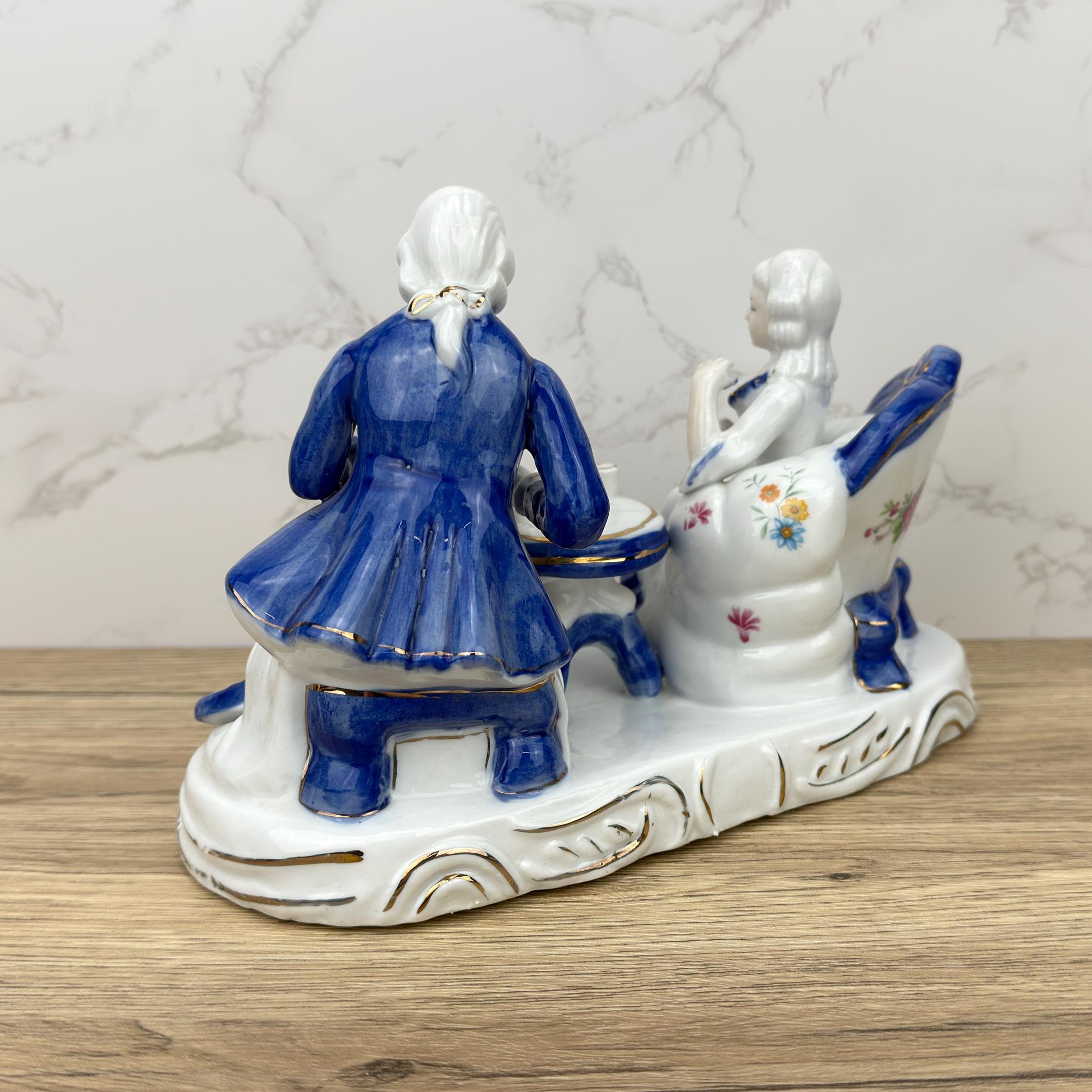 French Colonial Porcelain Figurine, Victorian Couple, Blue White Gold Detailing