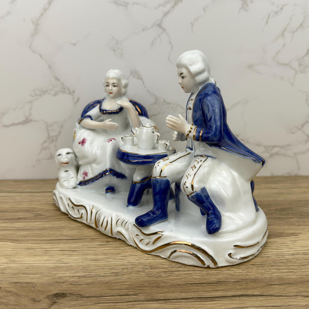 French Colonial Porcelain Figurine, Victorian Couple, Blue White Gold Detailing