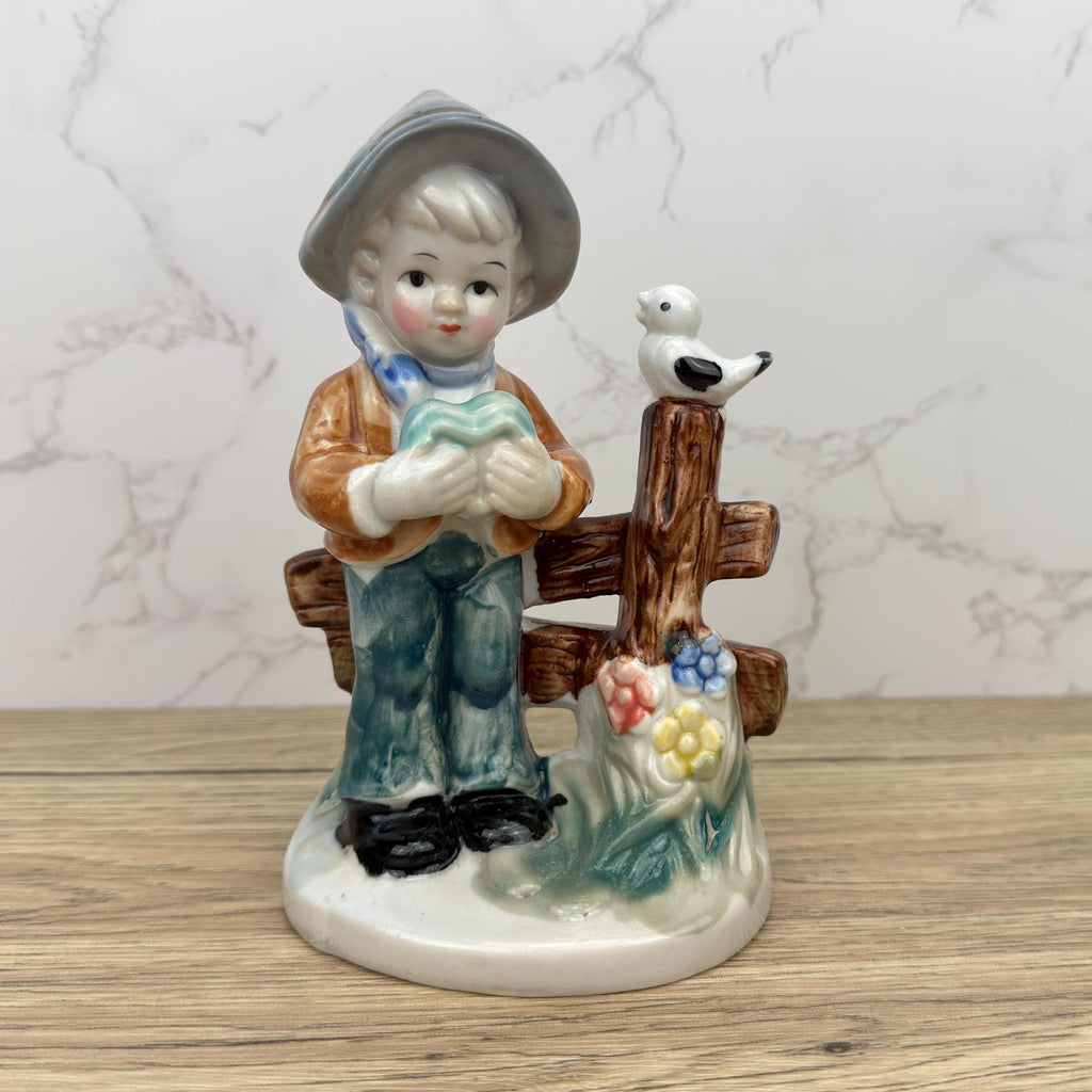 Vintage Porcelain Boy Figurine, Collectible School Kid with Bird