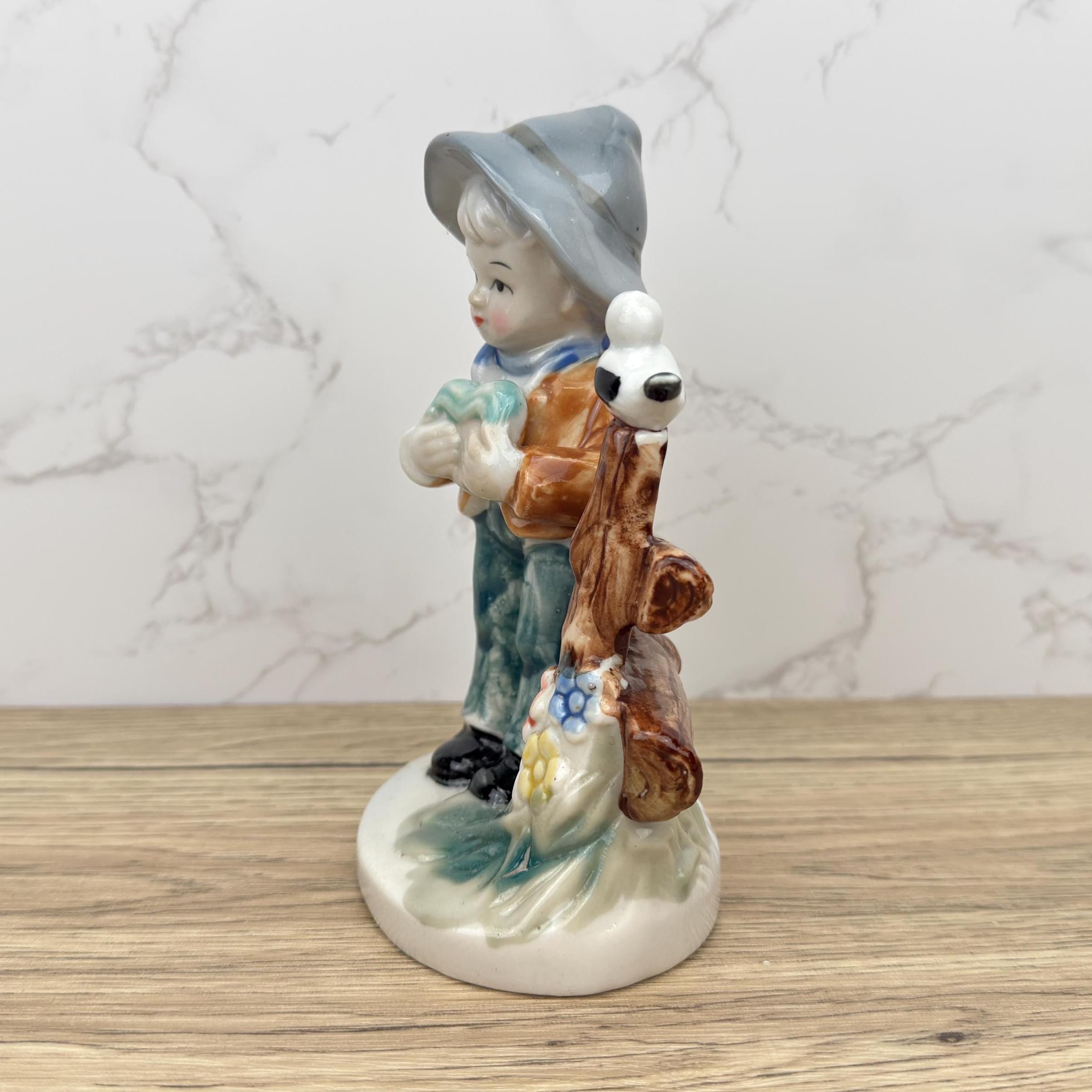 Vintage Porcelain Boy Figurine, Collectible School Kid with Bird