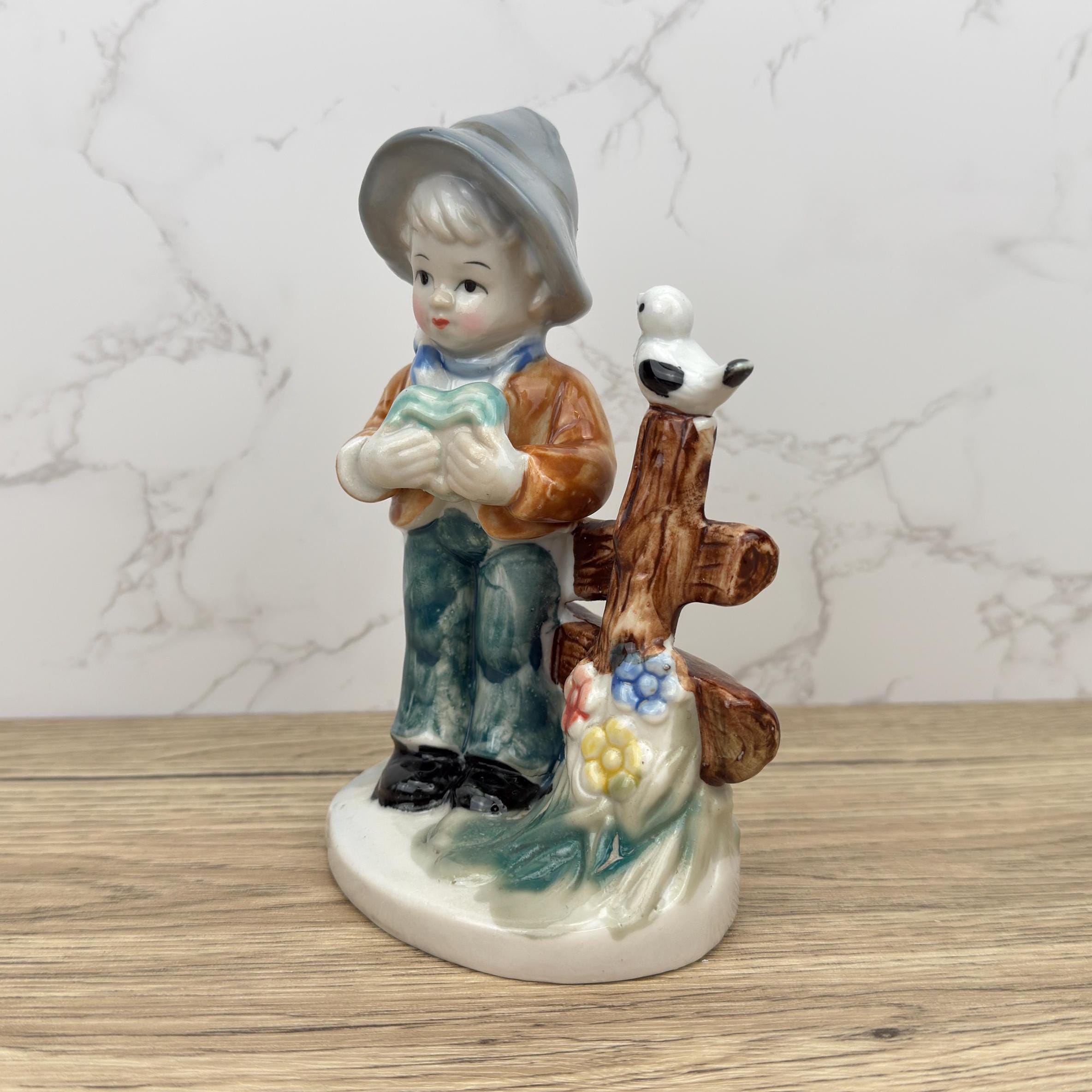 Vintage Porcelain Boy Figurine, Collectible School Kid with Bird