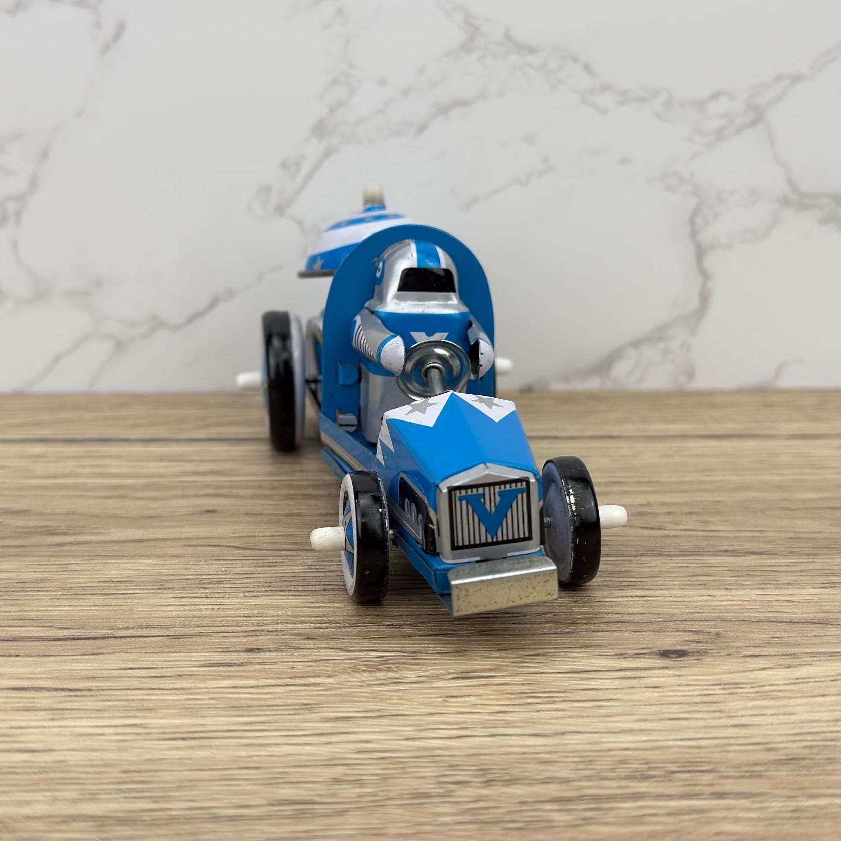 Vintage Tin Space Race Car, Lithographed Clockwork Toy (Key Missing)