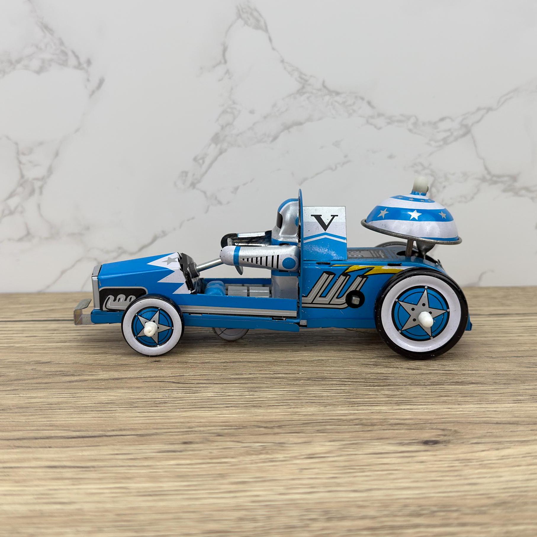 Vintage Tin Space Race Car, Lithographed Clockwork Toy (Key Missing)