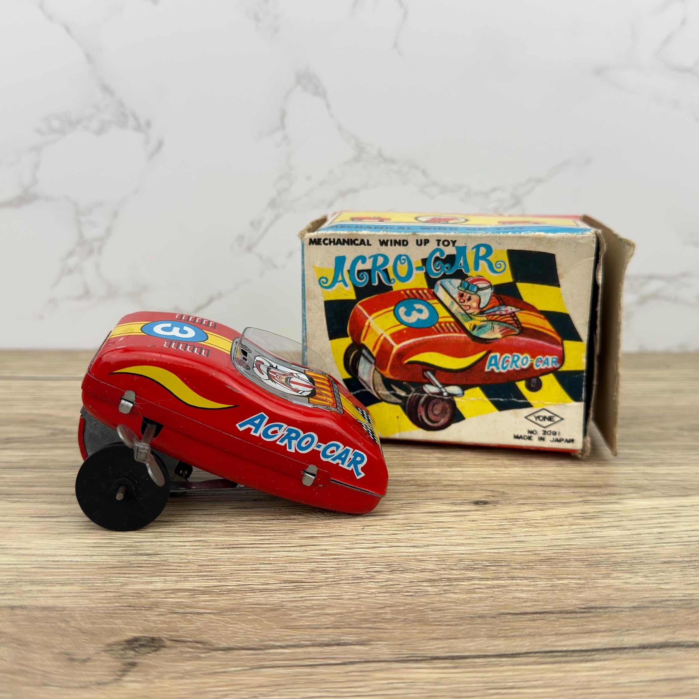 Vintage Yone Acro Car Tin Toy, 1960s Japanese Wind-Up, Original Box