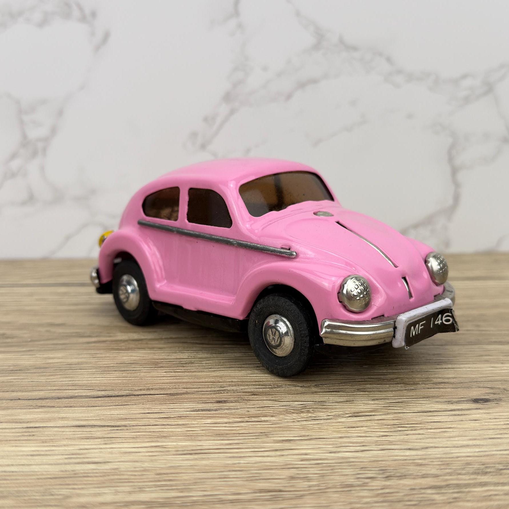 Vintage Yellow VW Beetle Friction Tin Toy Car with Box