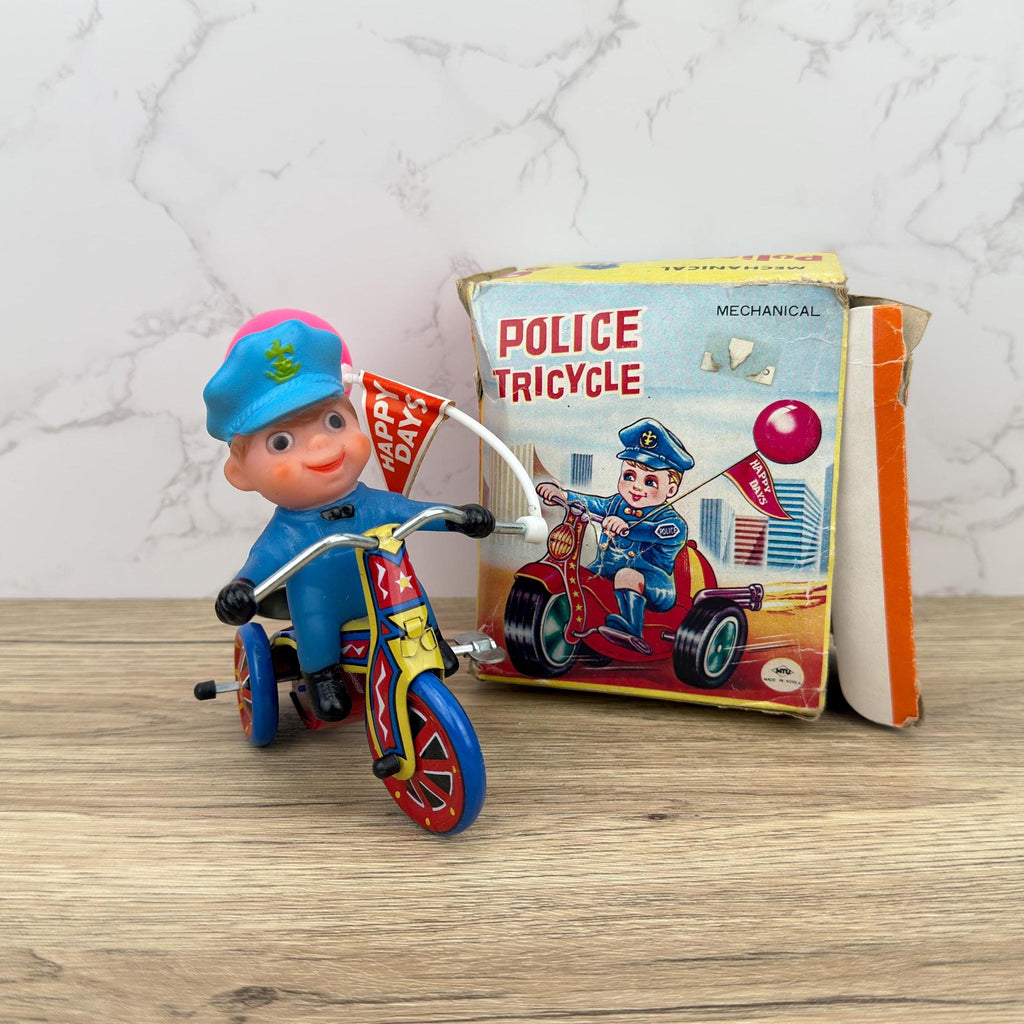 Vintage Tin Lithograph Police Tricycle Wind-Up Toy, Collectible MTU, Korea, Original Box