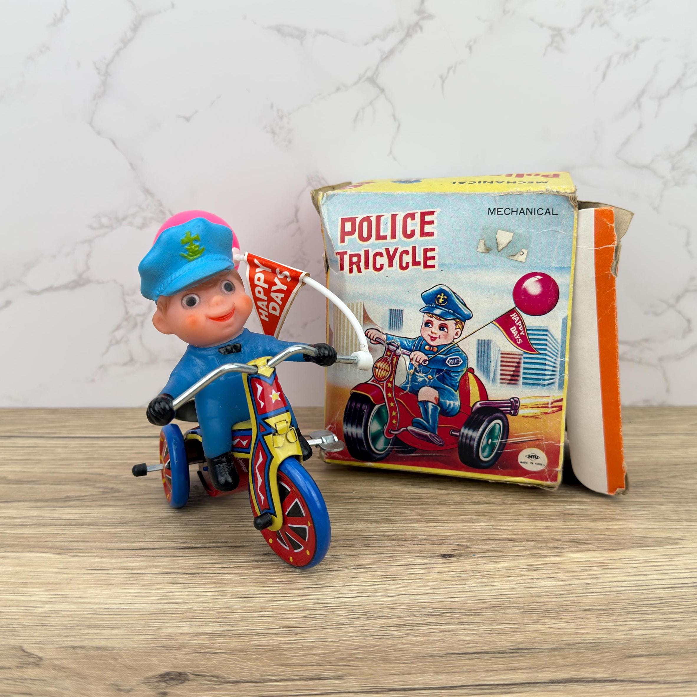 Vintage Tin Lithograph Police Tricycle Wind-Up Toy, Collectible MTU, Korea, Original Box