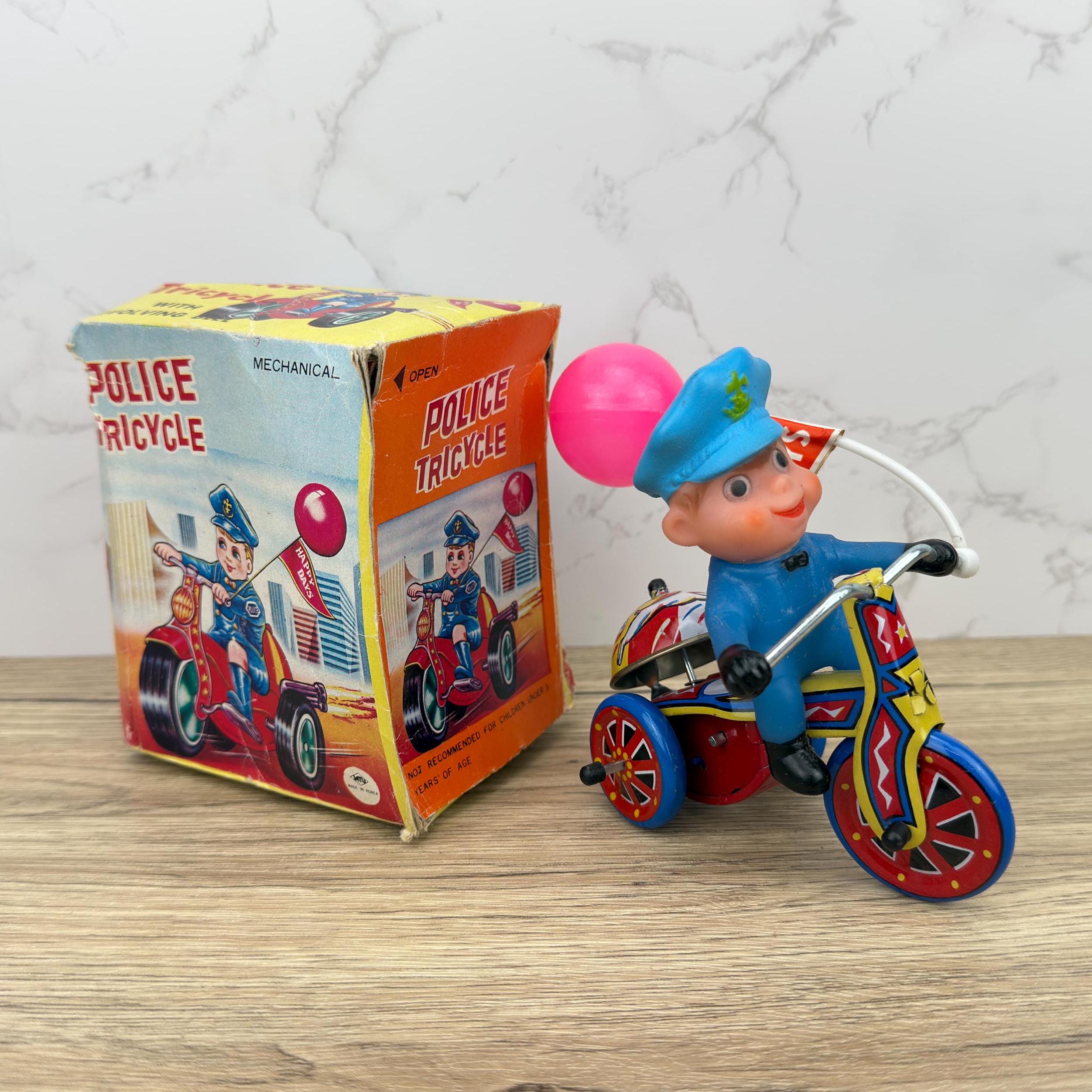 Vintage Tin Lithograph Police Tricycle Wind-Up Toy, Collectible MTU, Korea, Original Box
