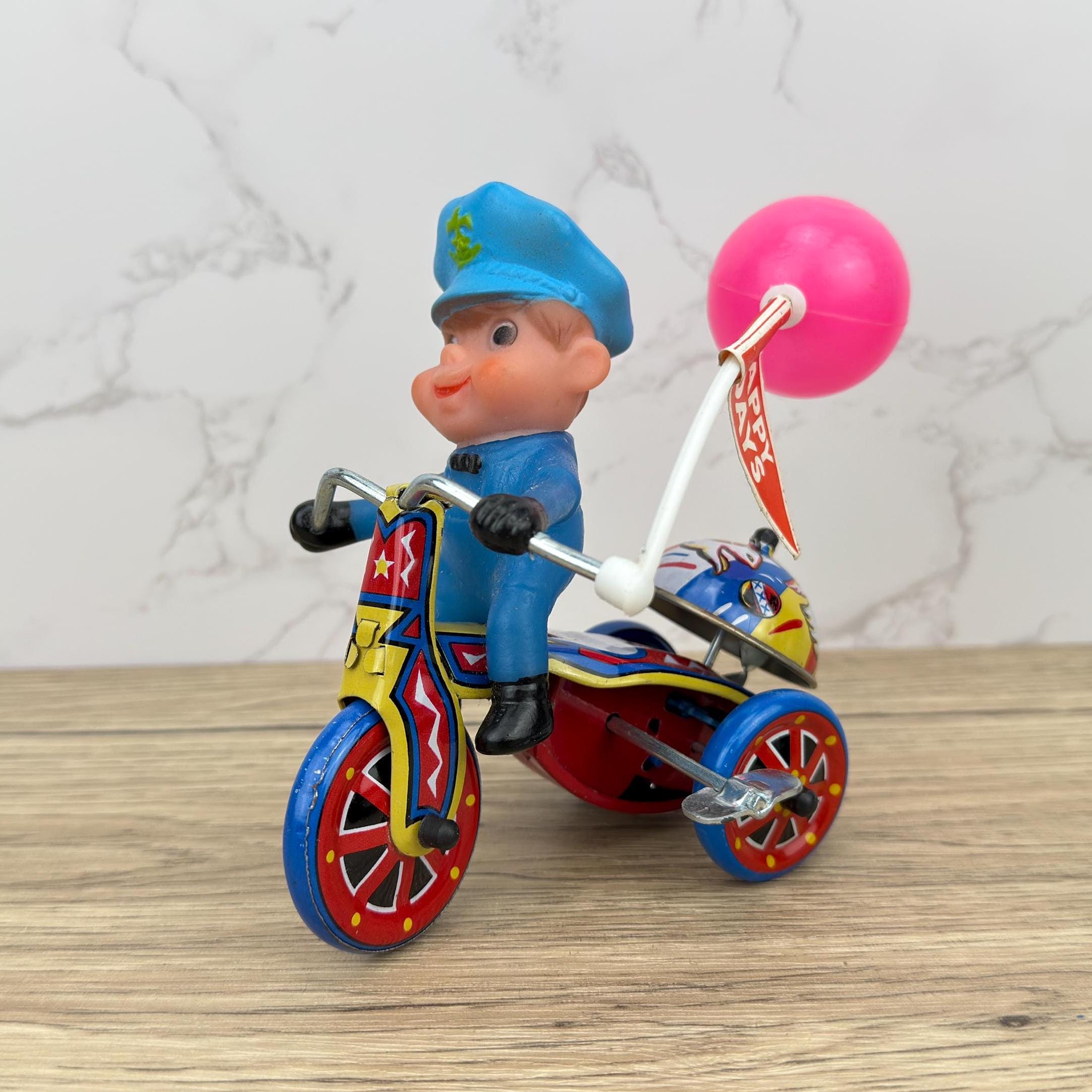 Vintage Tin Lithograph Police Tricycle Wind-Up Toy, Collectible MTU, Korea, Original Box