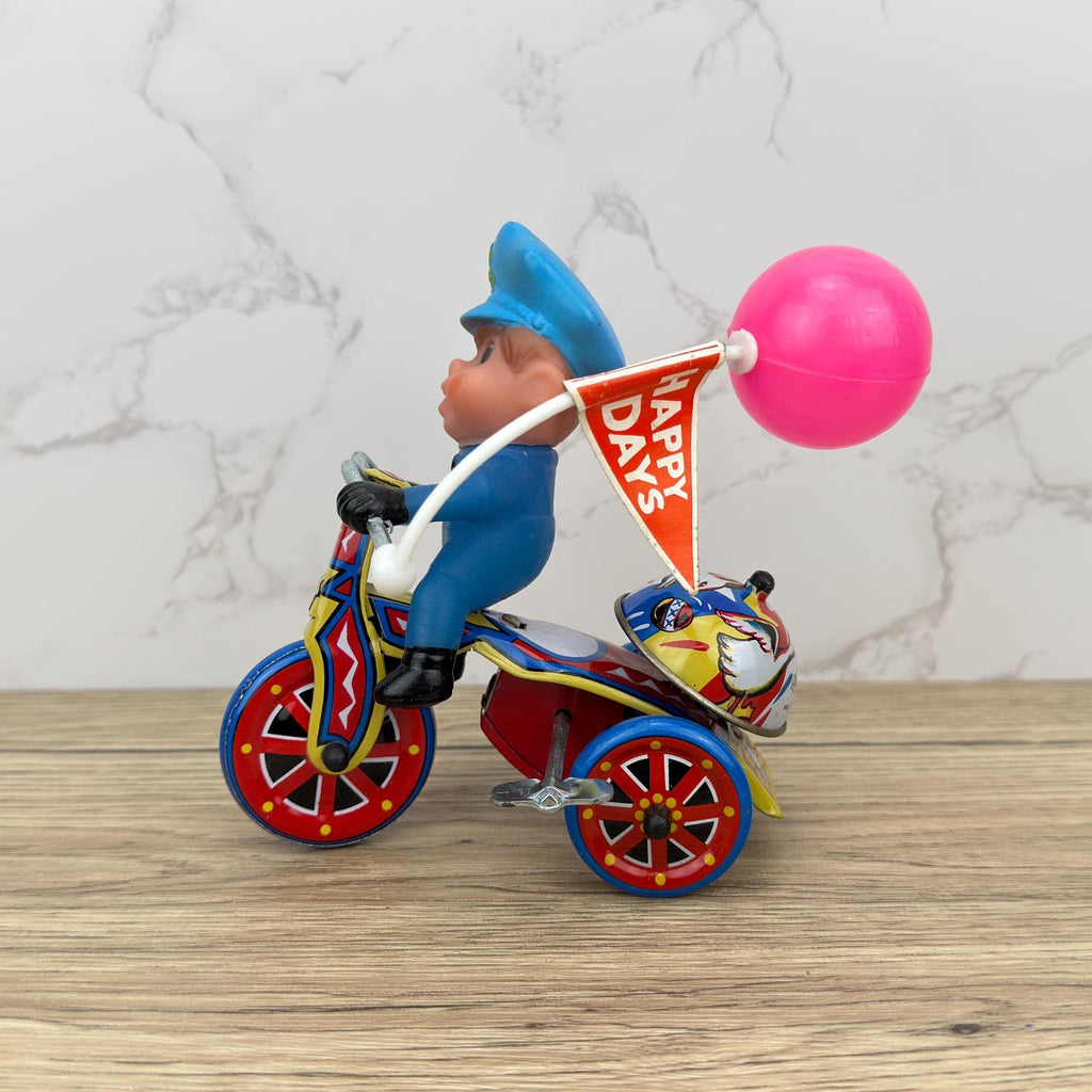 Vintage Tin Lithograph Police Tricycle Wind-Up Toy, Collectible MTU, Korea, Original Box