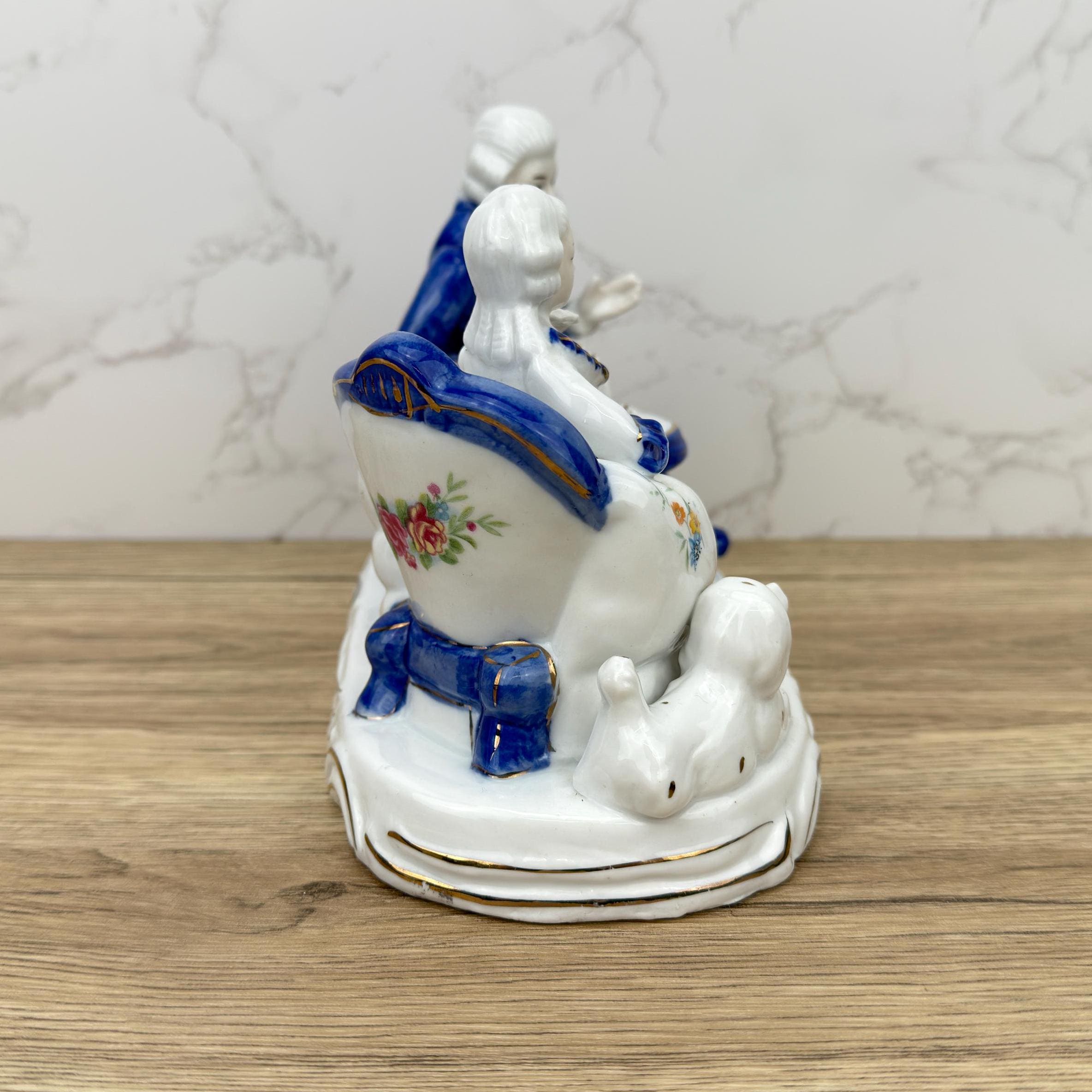 French Colonial Porcelain Figurine, Victorian Couple, Blue White Gold Detailing